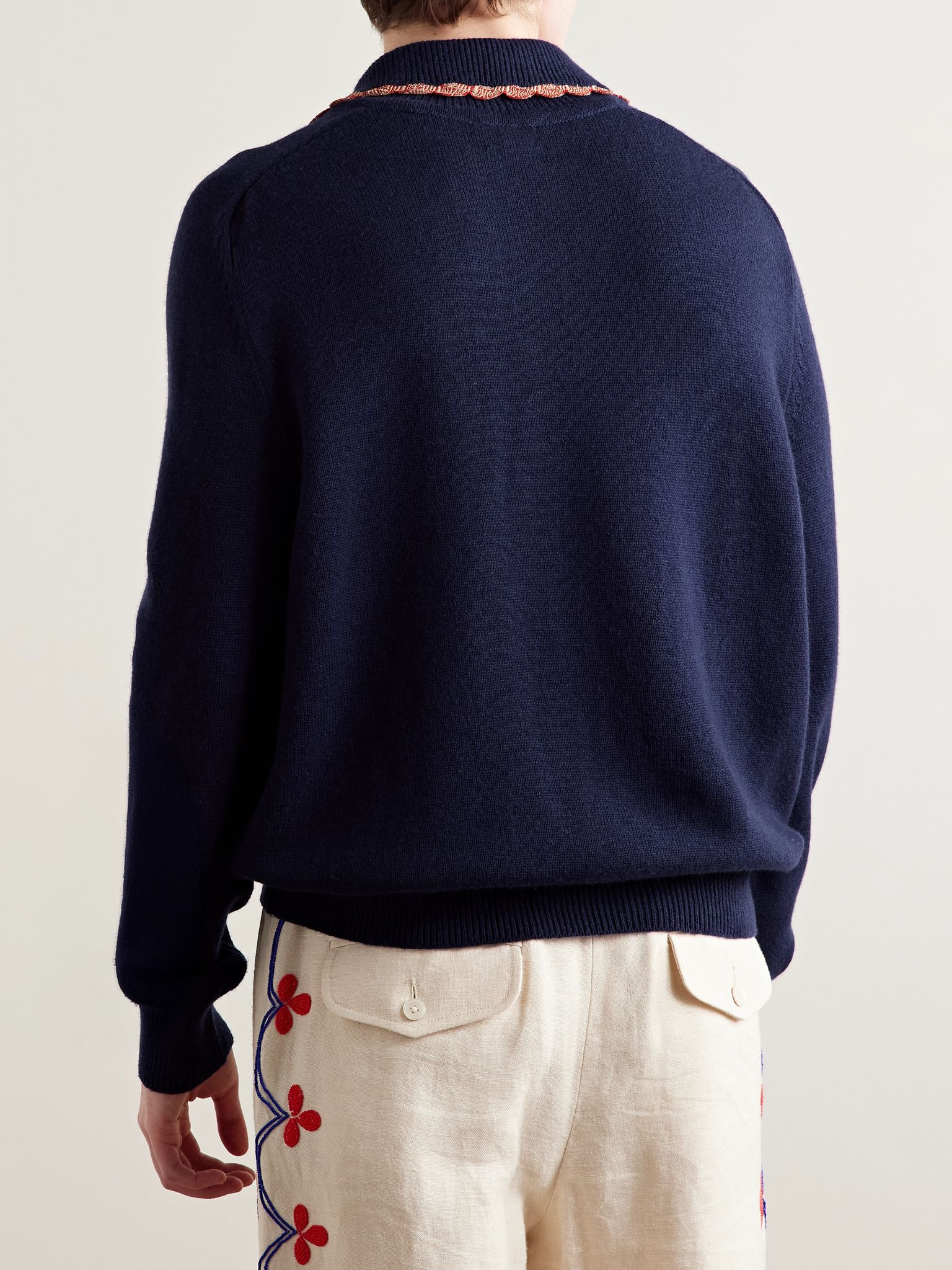 Rookie Appliquéd Embellished Wool and Cashmere-Blend Polo Shirt Navy - 3