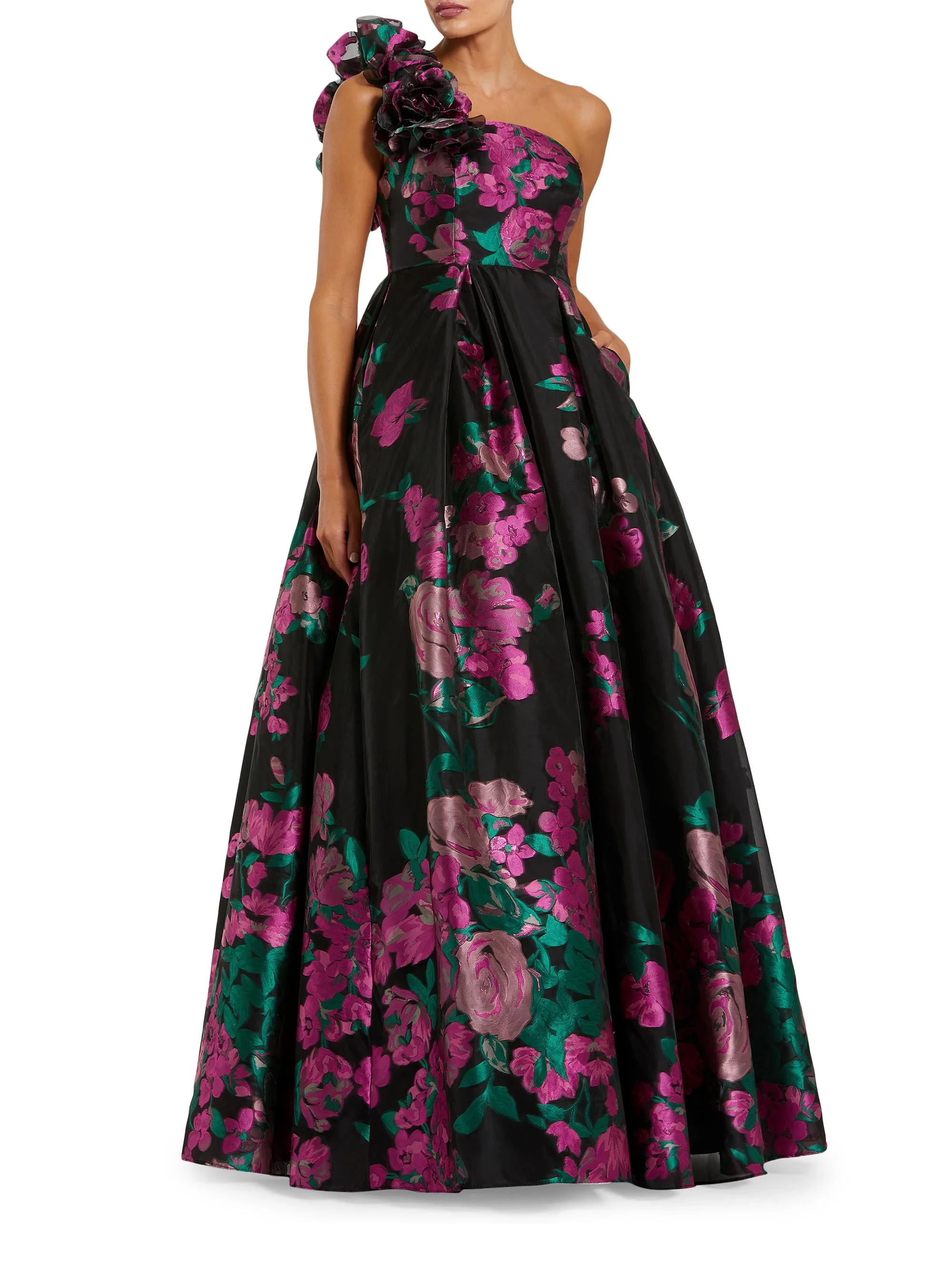 Women's Evening Floral One-Shoulder Brocade Ball Gown - Black Multi - 1