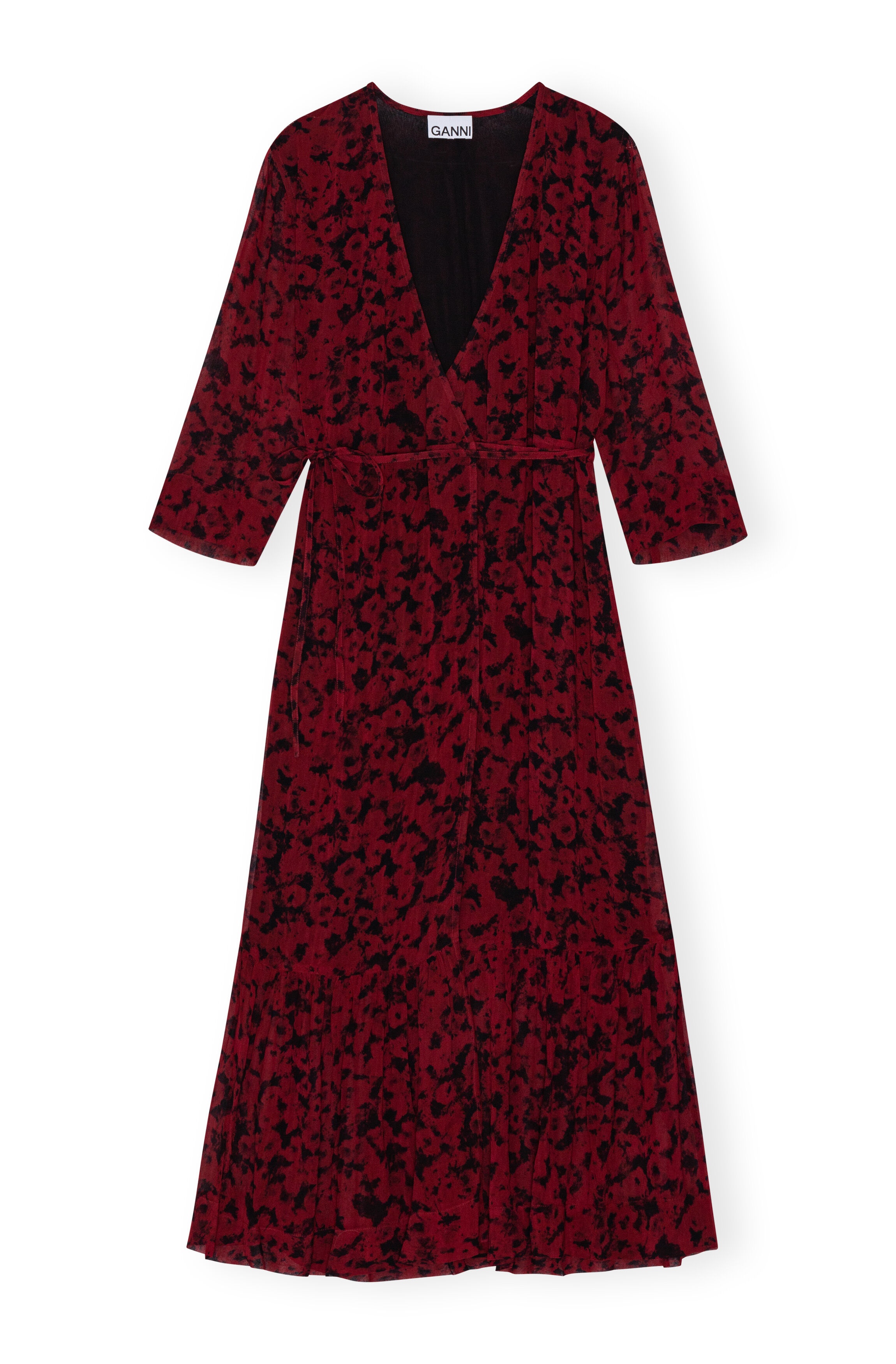 RED PRINTED LIGHT GEORGETTE WRAP MIDI DRESS - 6