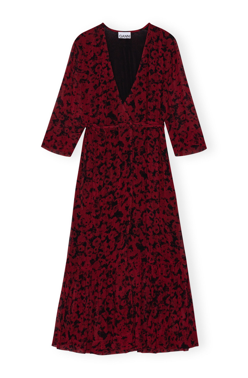 RED PRINTED LIGHT GEORGETTE WRAP MIDI DRESS 1