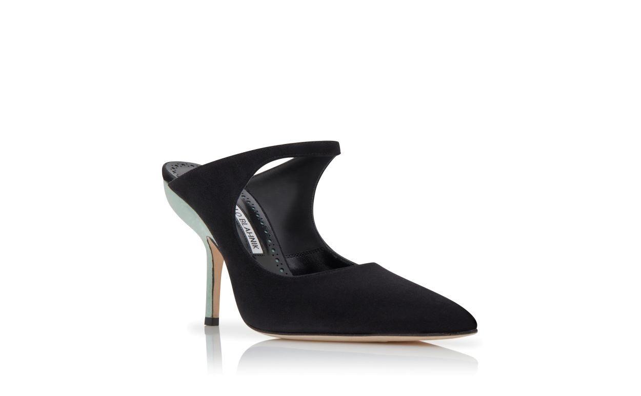 Black and Green Suede Pointed Toe Mules - 3