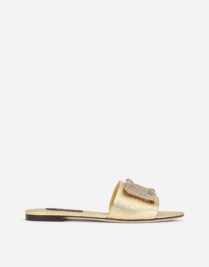 Foiled iguana-print calfskin sliders with rhinestone-detailed DG logo 1
