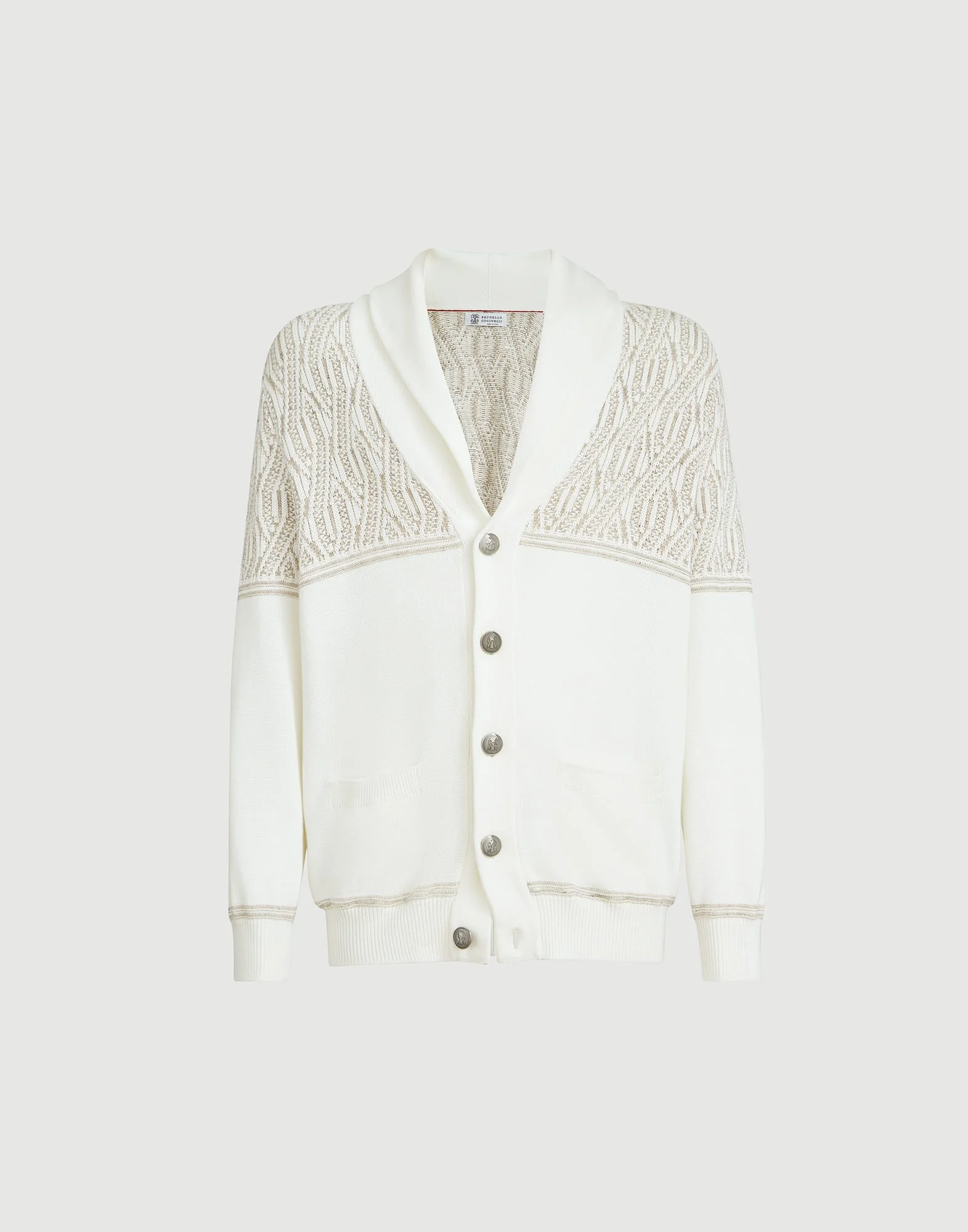 Cotton shawl collar cardigan with jacquard cable shoulder - 1