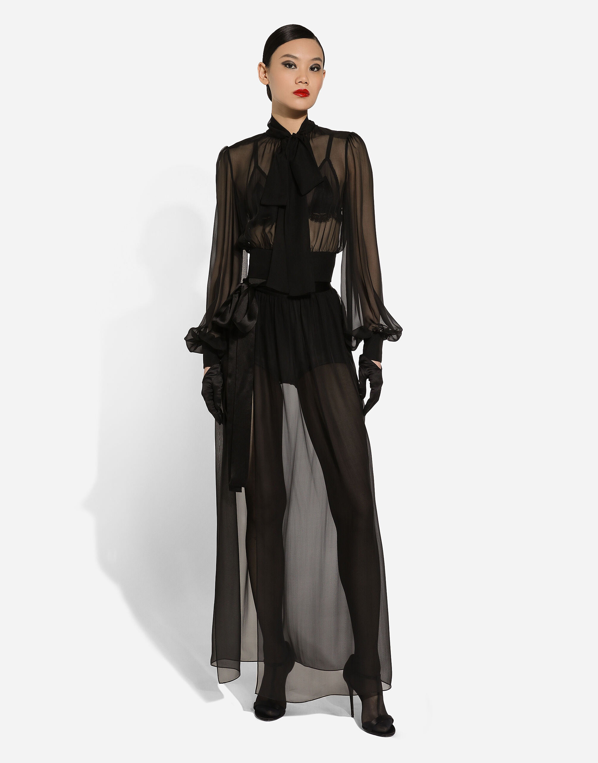 Short silk chiffon pussy-bow blouse - 3