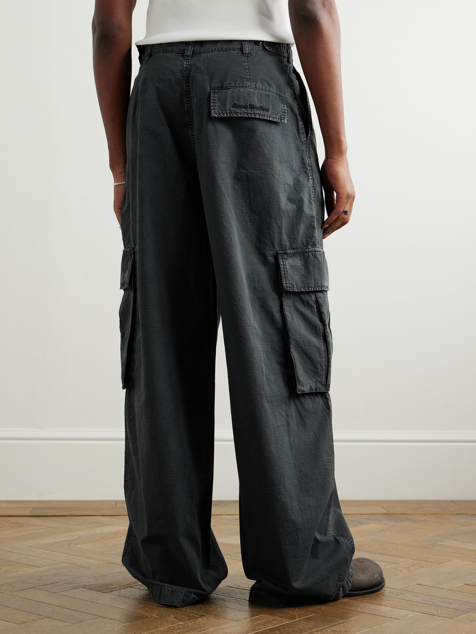 Wide-Leg Logo-Embroidered Cotton-Ripstop Cargo Trousers Black - 4
