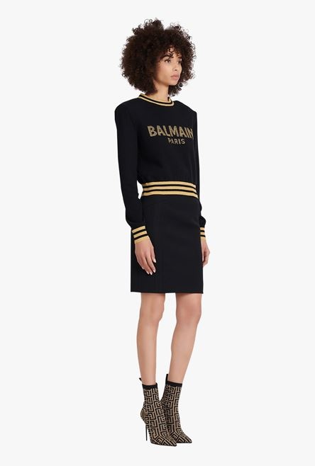 Cropped black wool sweatshirt with gold Balmain logo - 7