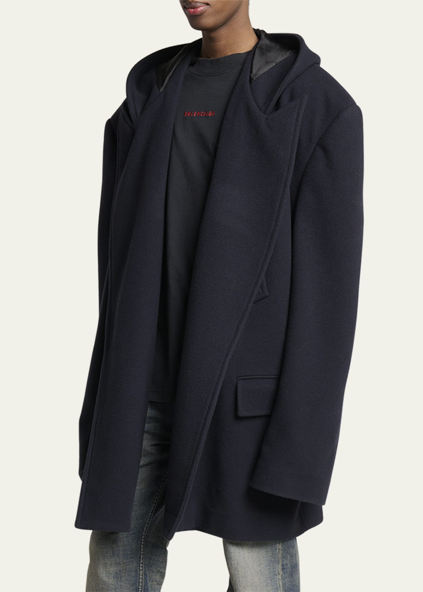 Men's Wool Oversized Hooded Short Coat - 4