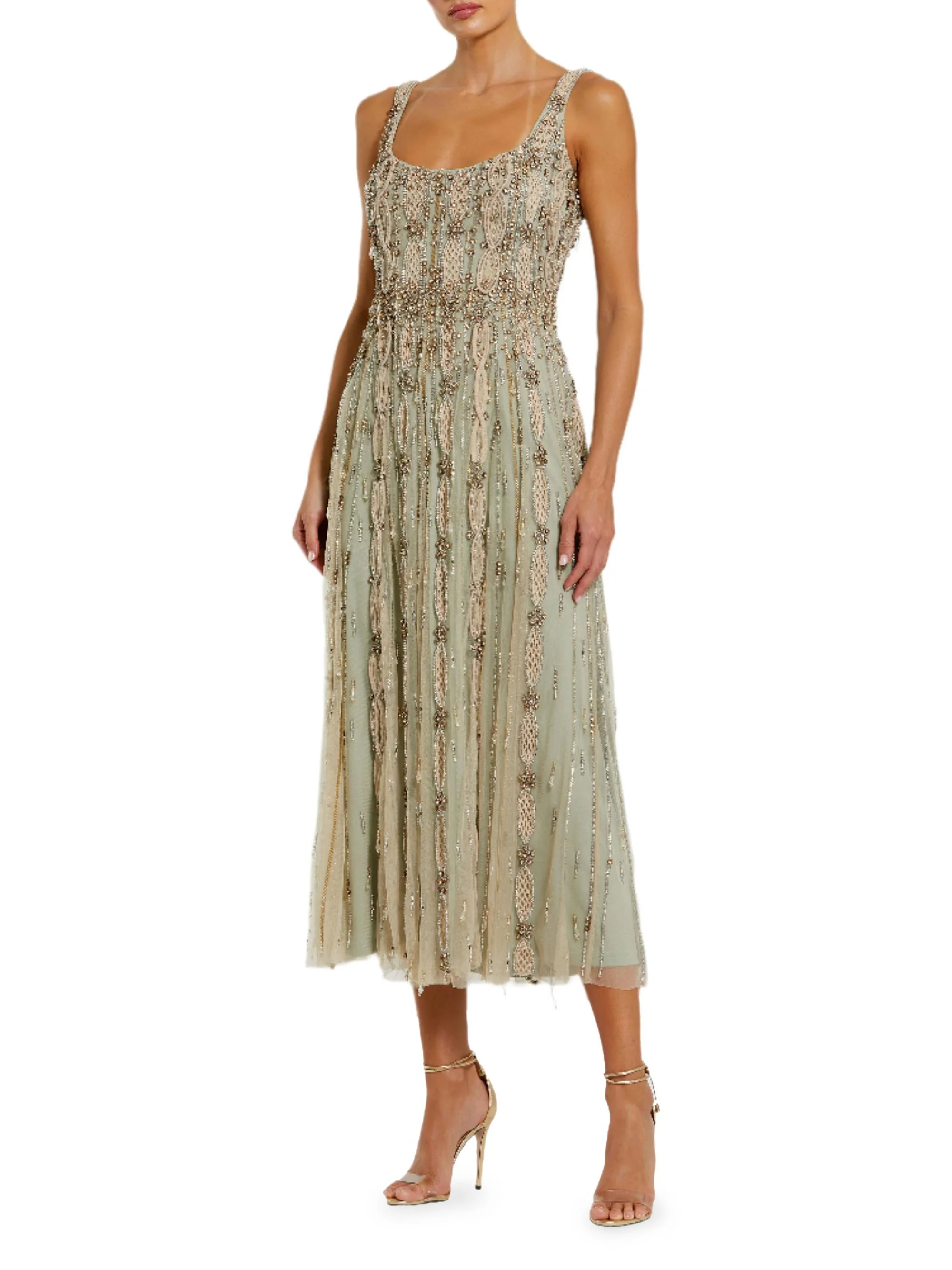 Women's Embellished Mesh Cocktail Dress - Beige Sage - 1