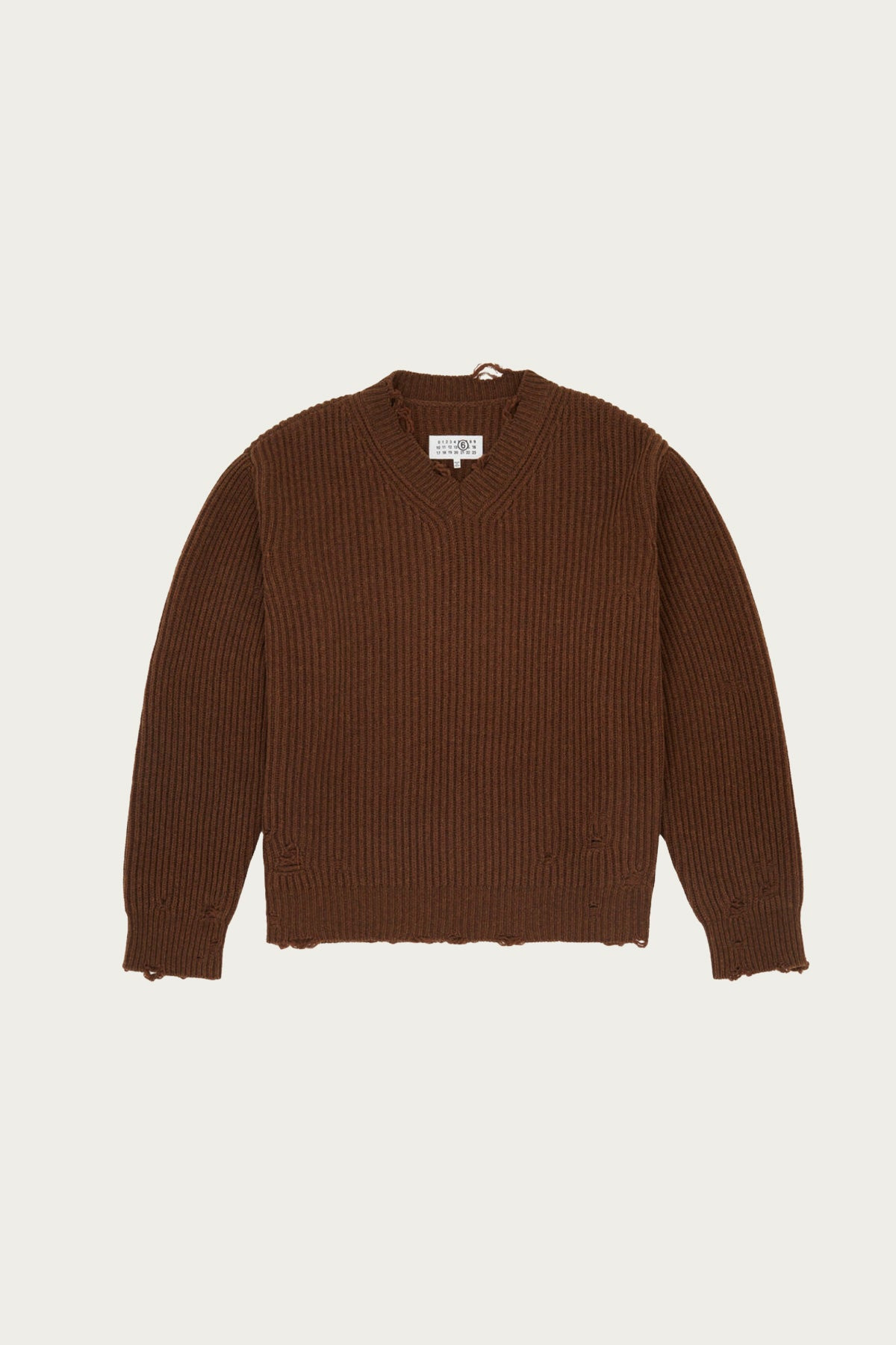 Distressed V-Neck Sweater - Brown - 1
