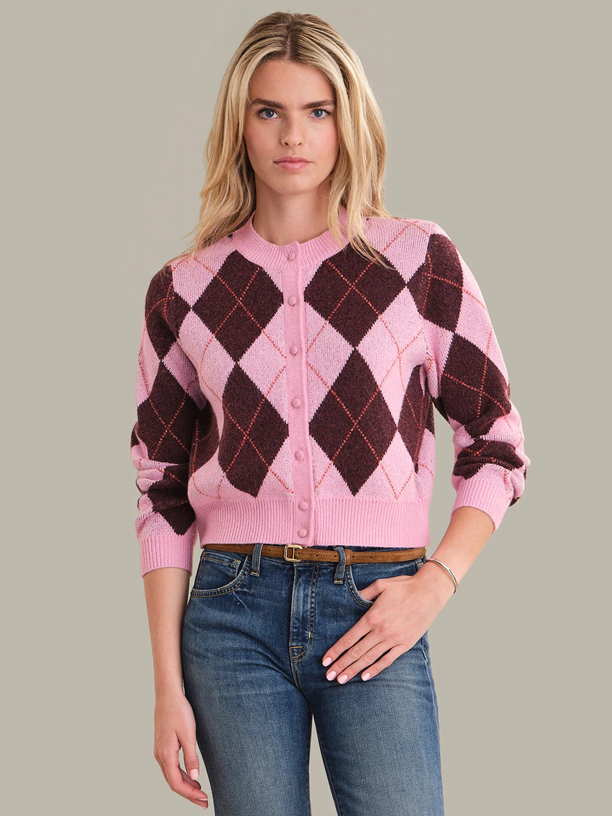 Parker: Diamond Check Crewneck Cardigan - 1