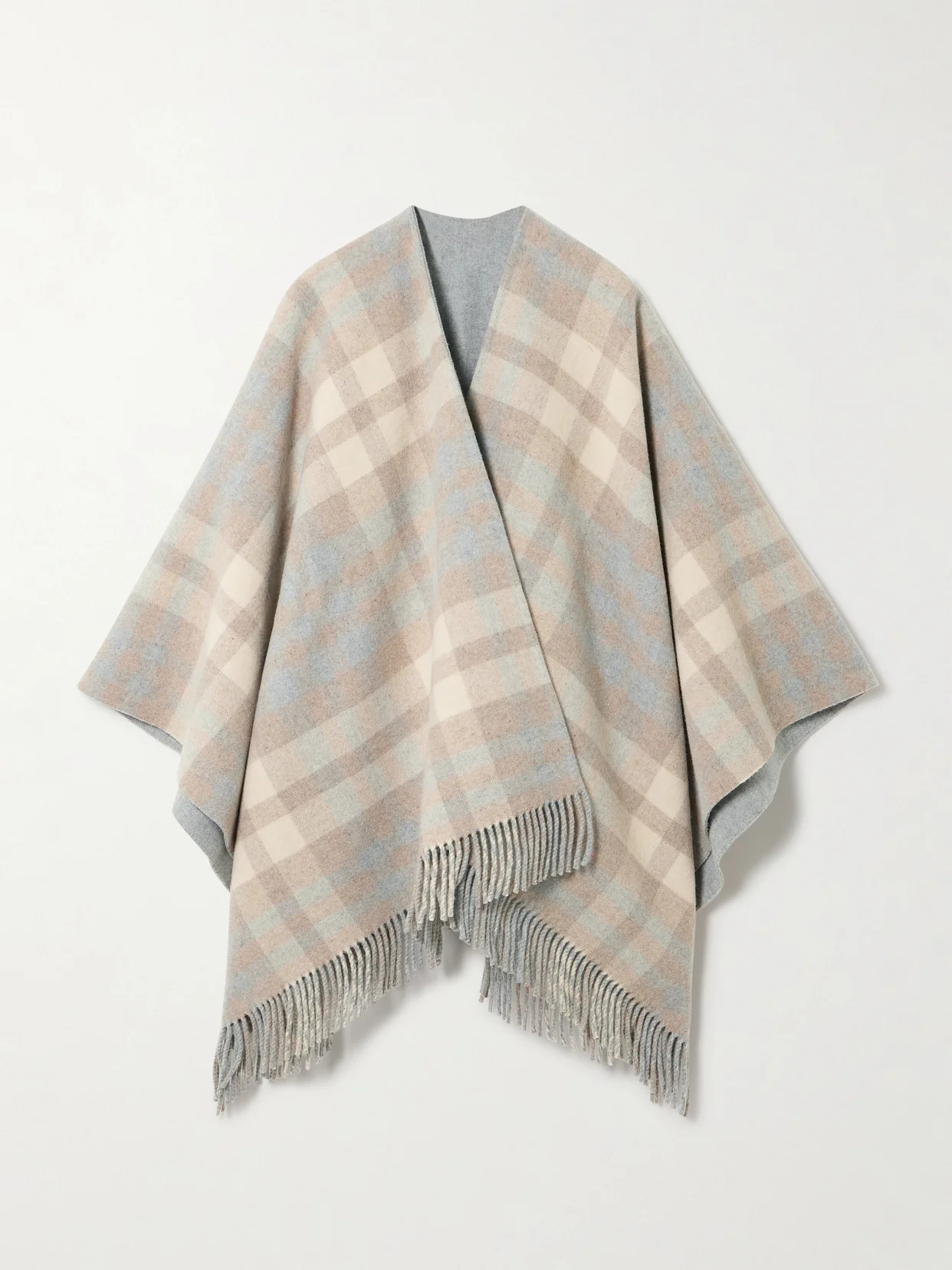 Reversible Fringed Checked Wool Cape - 1