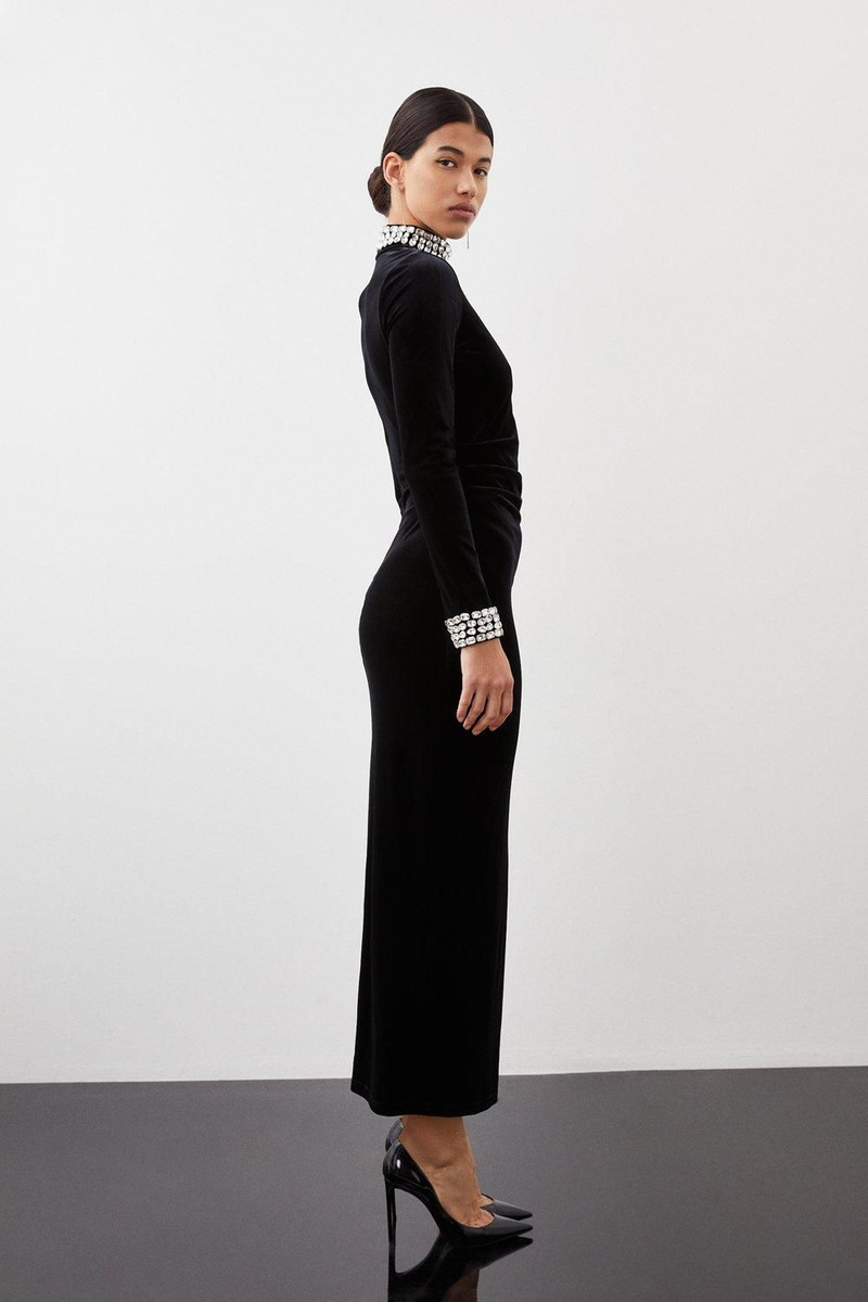 Stretch Velvet Crystal Embellished Long Sleeve Maxi Dress 3