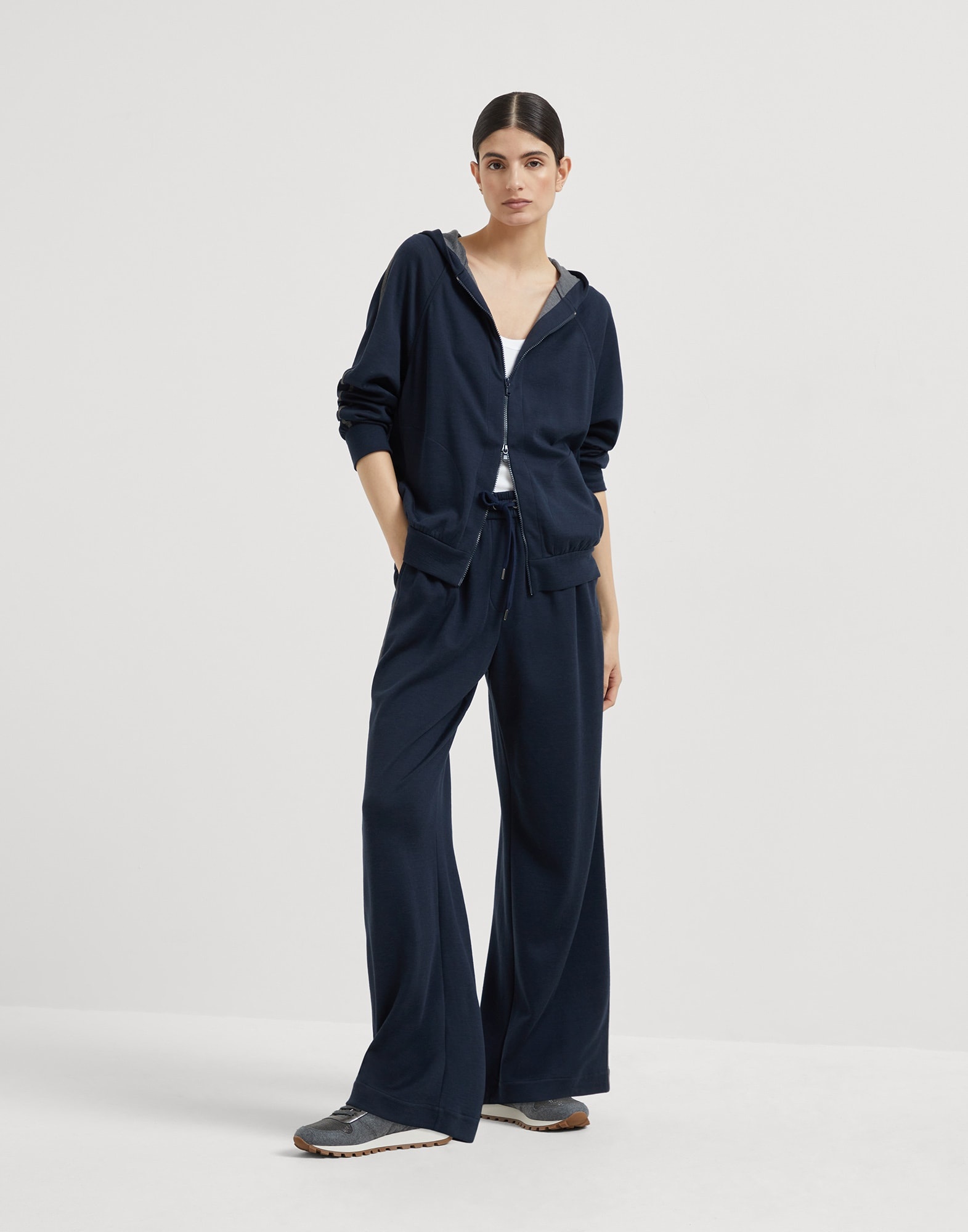 Comfort cotton and silk interlock wide trousers with precious stripe - 4