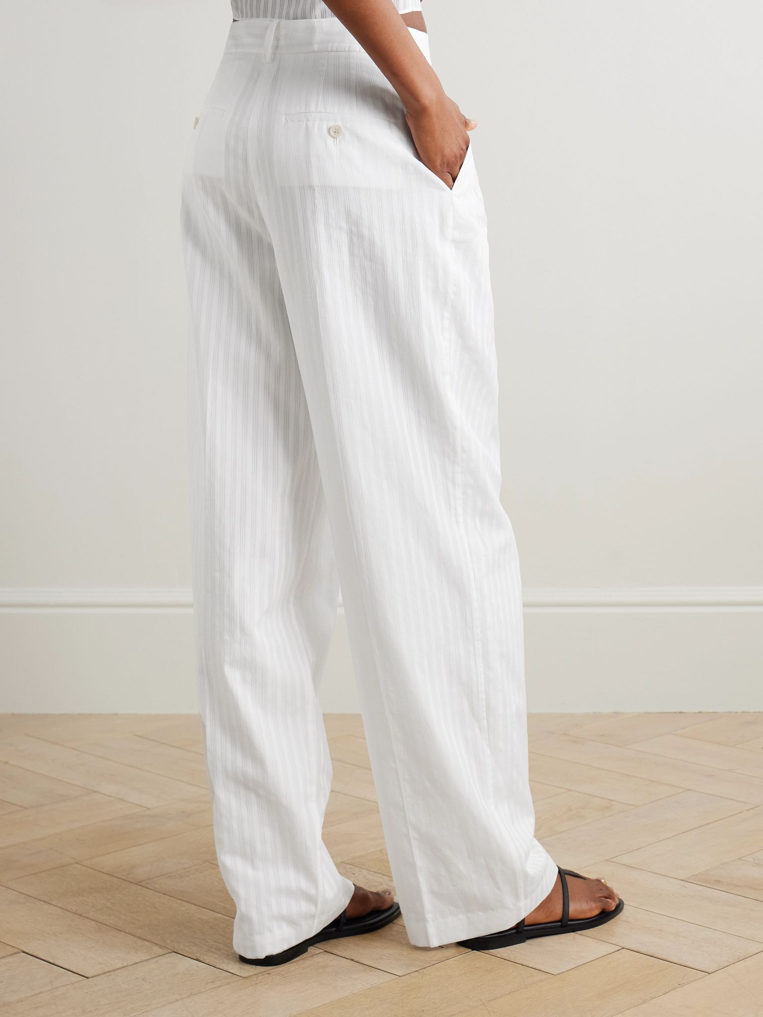 Pleated cotton-jacquard wide-leg pants White - 3