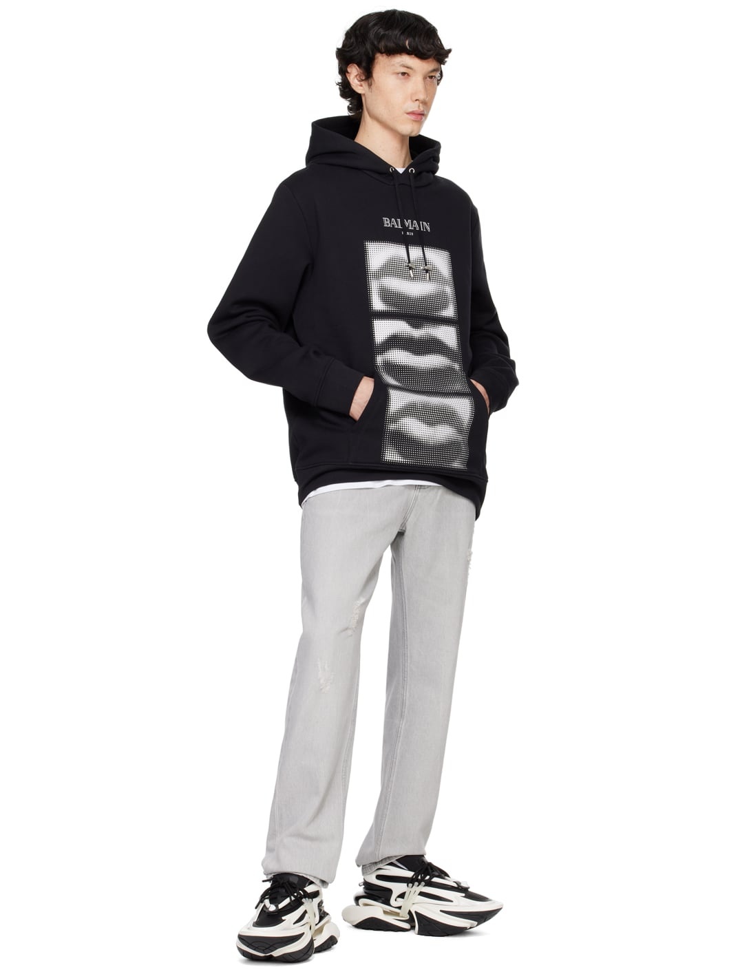 Black Vintage 'Balmain Lips' Print Hoodie - 4