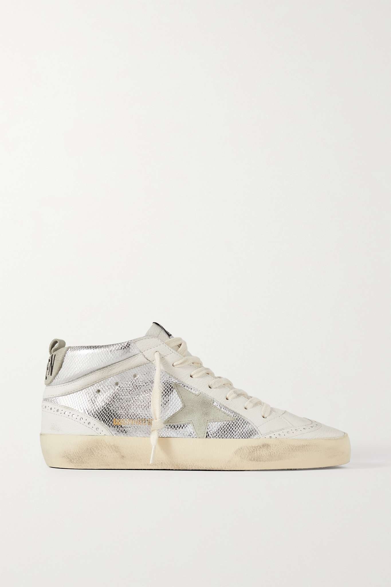 Mid Star distressed suede-trimmed metallic snake-effect leather sneakers - 1