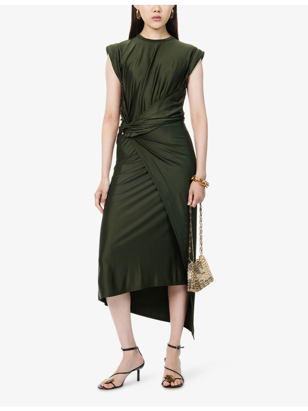 Draped Cap-Sleeves Stretch-Woven Midi Dress - 2