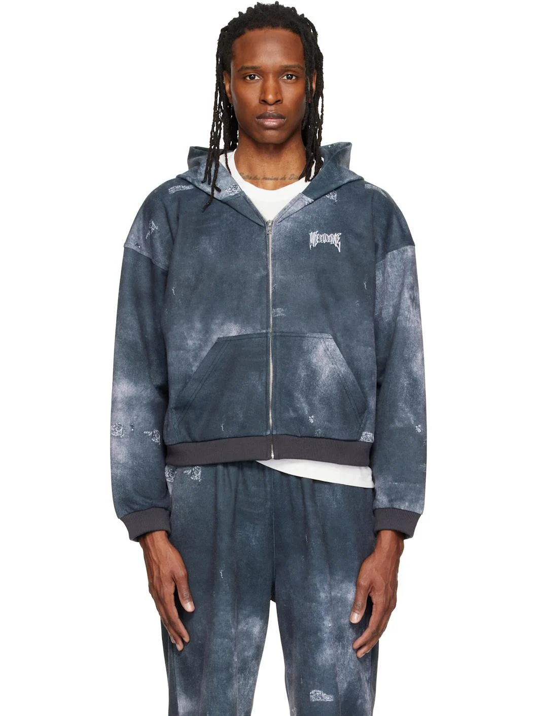 Gray Trompe L'oeil Denim Printed Zip-Up Hoodie - 1