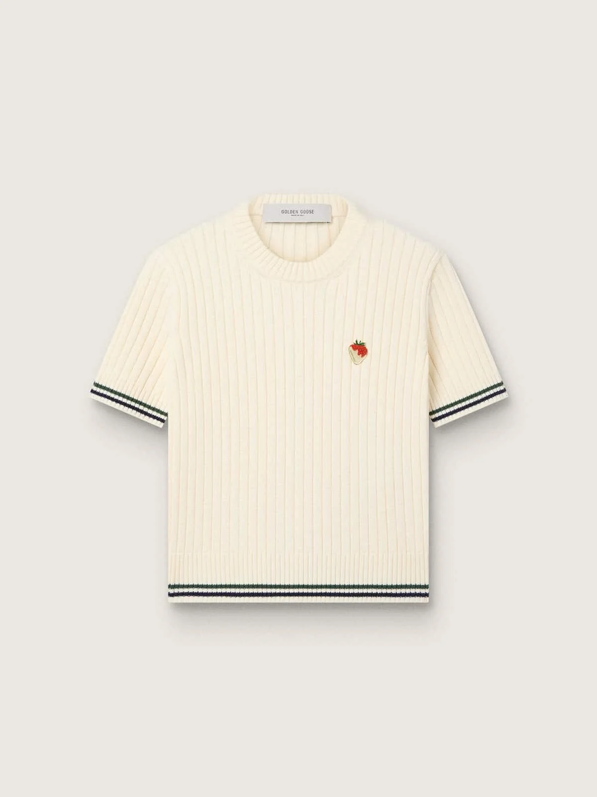 Women’s white knit T-shirt with contrasting edges and removable pin - 1