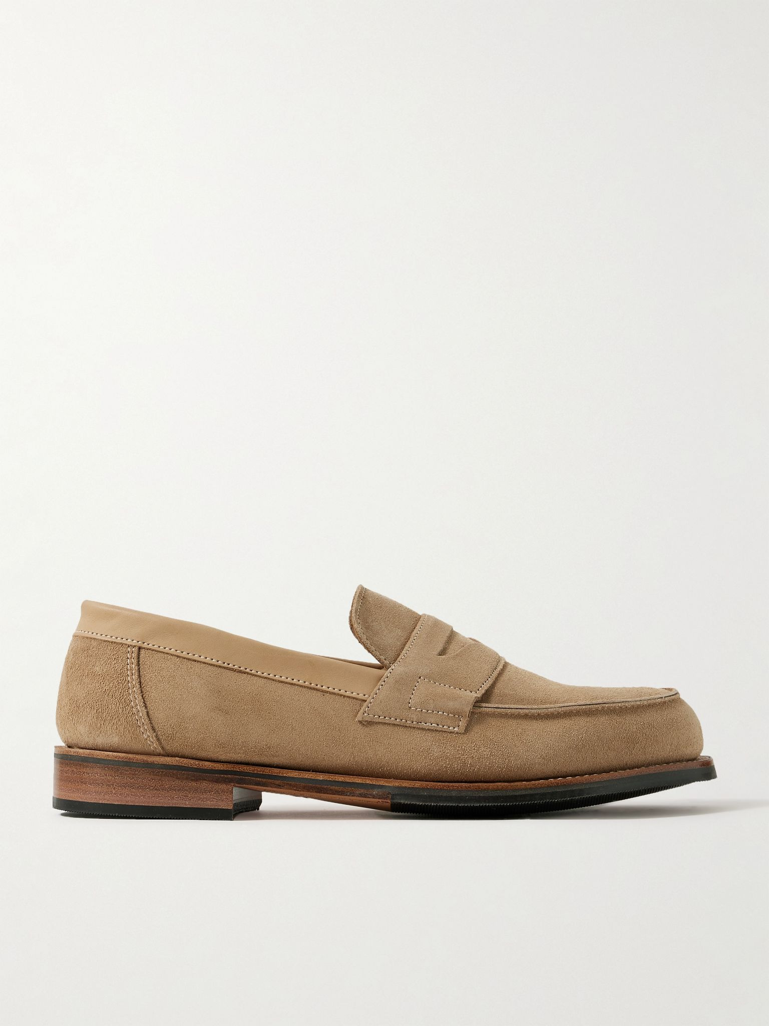 Epsom Leather-Trimmed Suede Penny Loafers Beige - 1