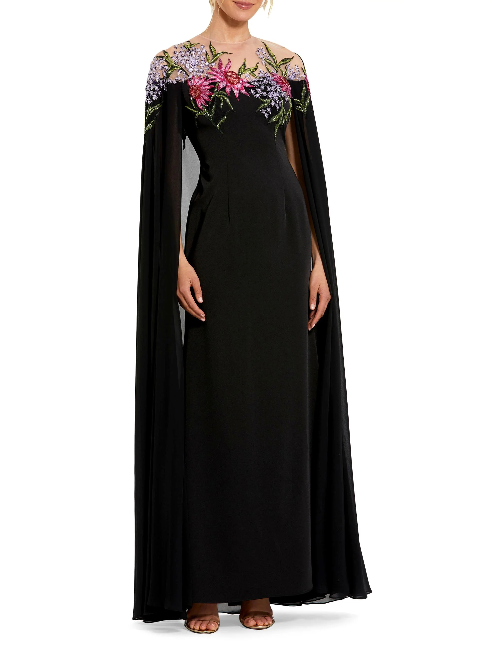 Women's Beaded Crepe Cape Gown - Black Multi - 1
