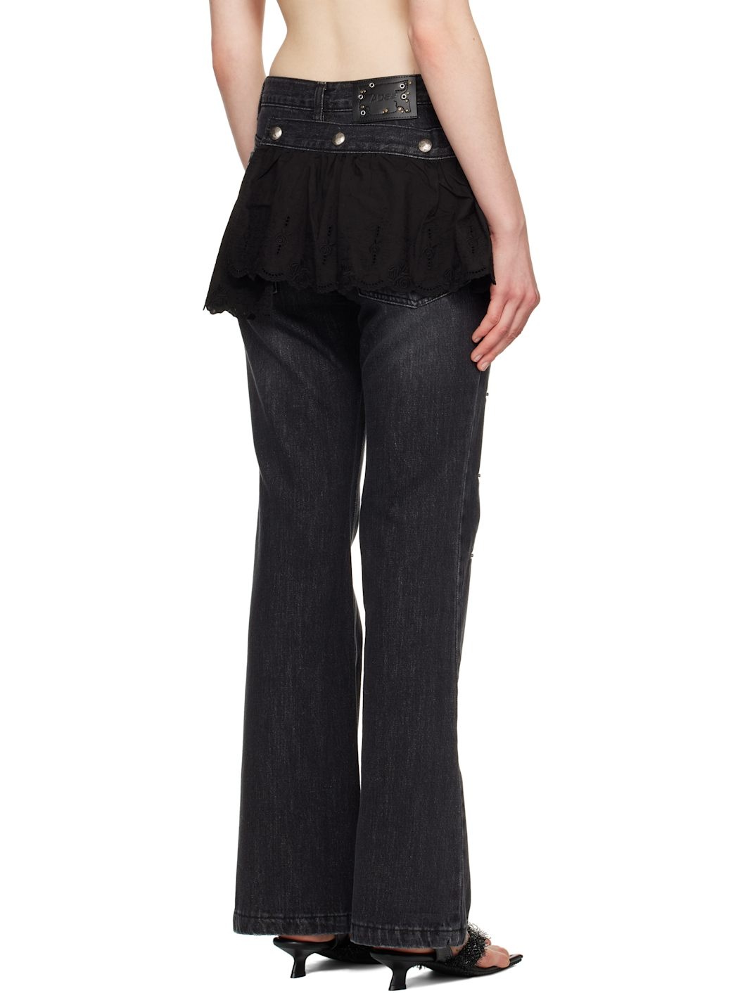 Black Flower Lace Attached Bootcut Jeans - 3