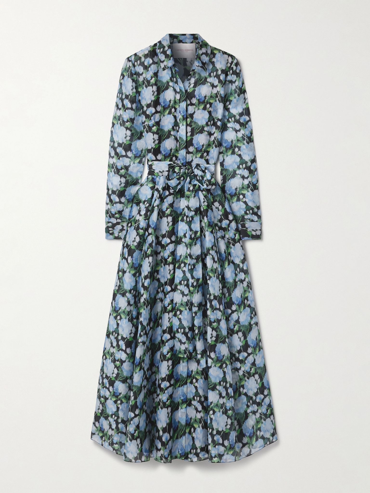 Belted floral-print silk-organza midi shirt dress Blue - 1