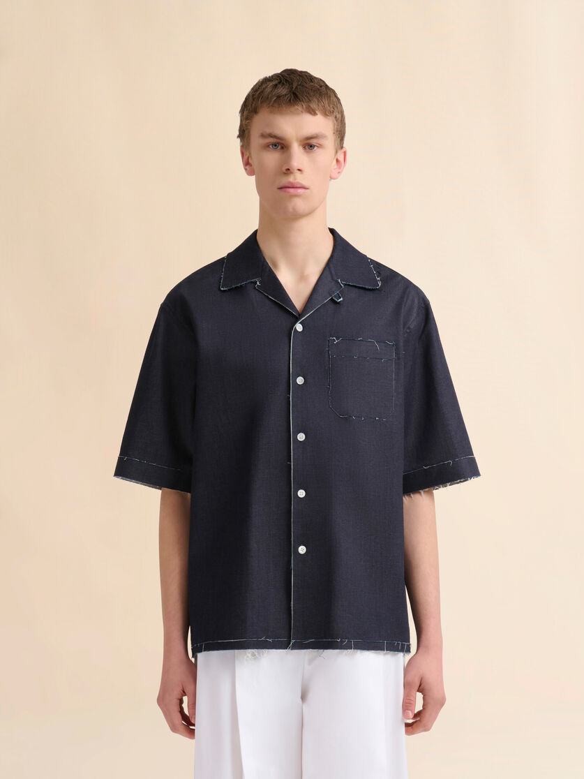 DEEP BLUE STRETCH DENIM TROMPE L'OEIL SHIRT - 2