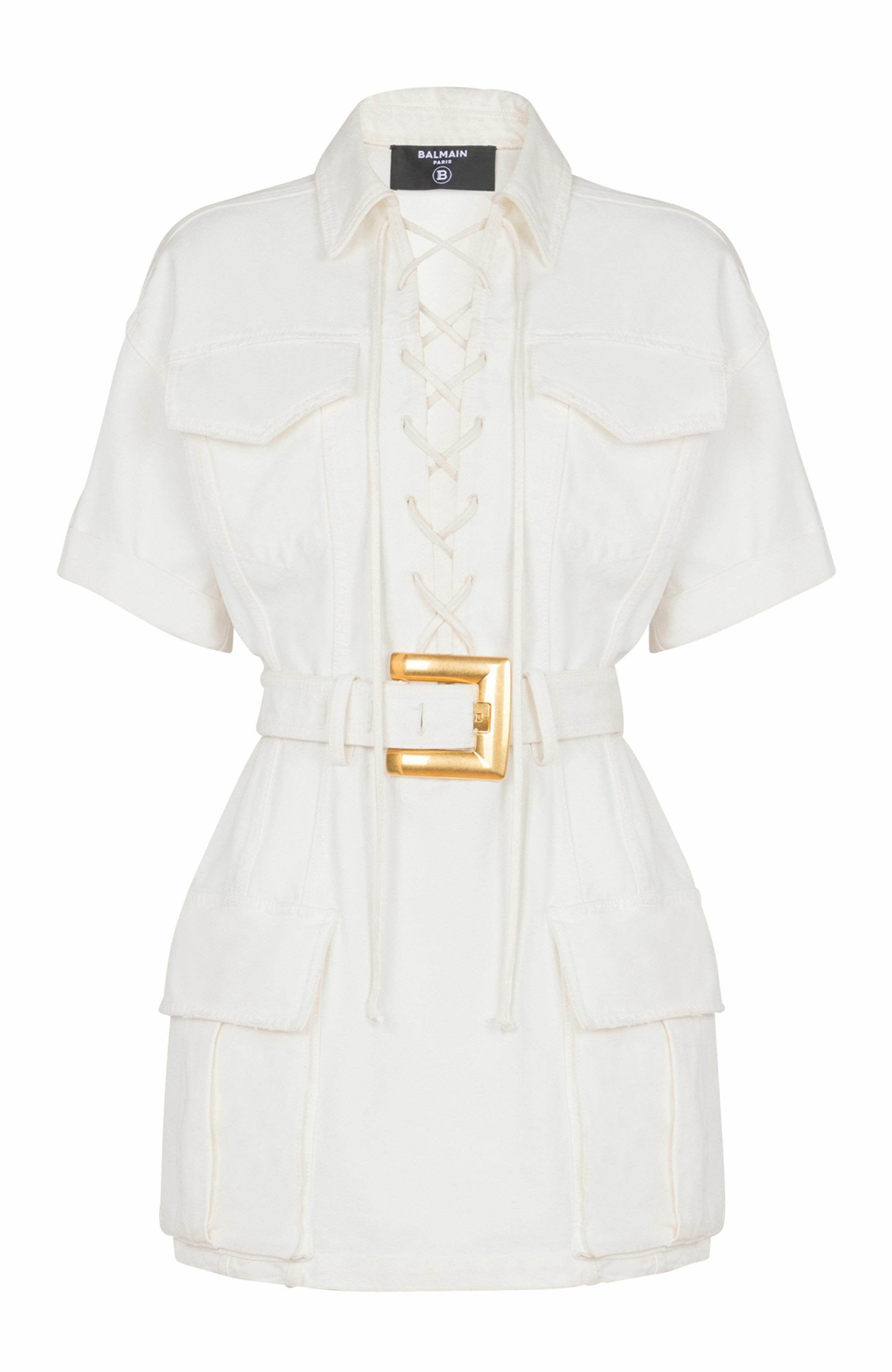 Balmain Short lace-up canvas dress in White at Nordstrom - 5