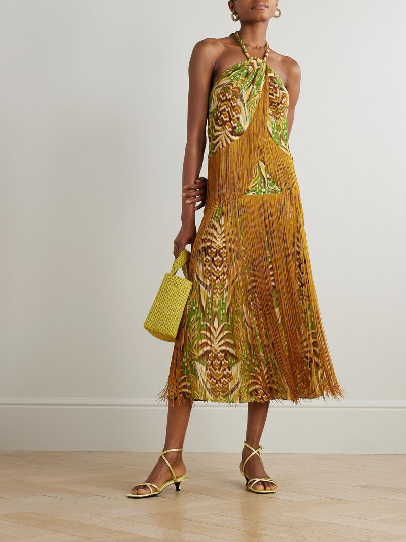 FARM RIO Fringed printed satin midi skirt Yellow outlook