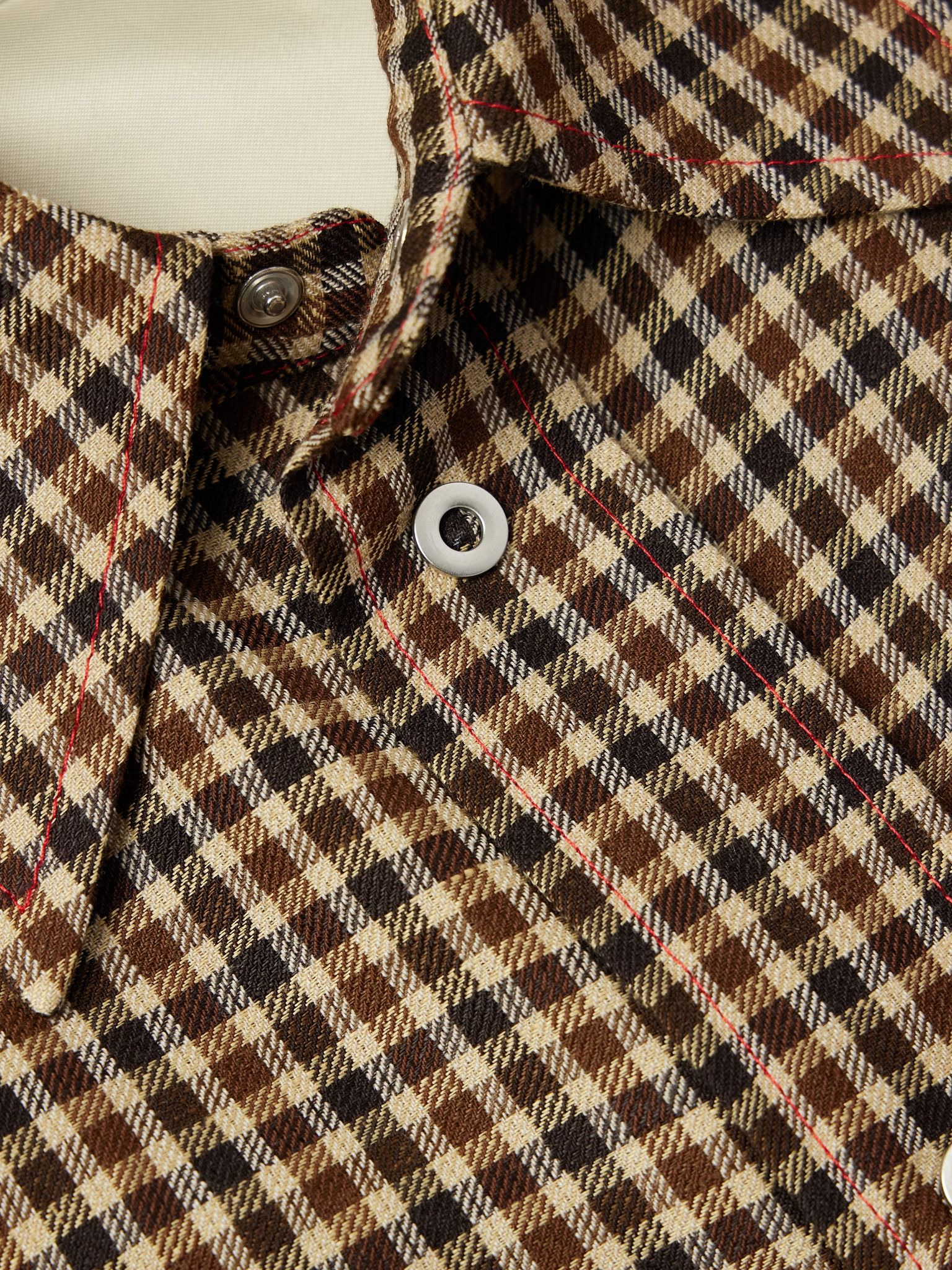 Embellished Checked Wool and Linen-Blend Shirt Brown - 4