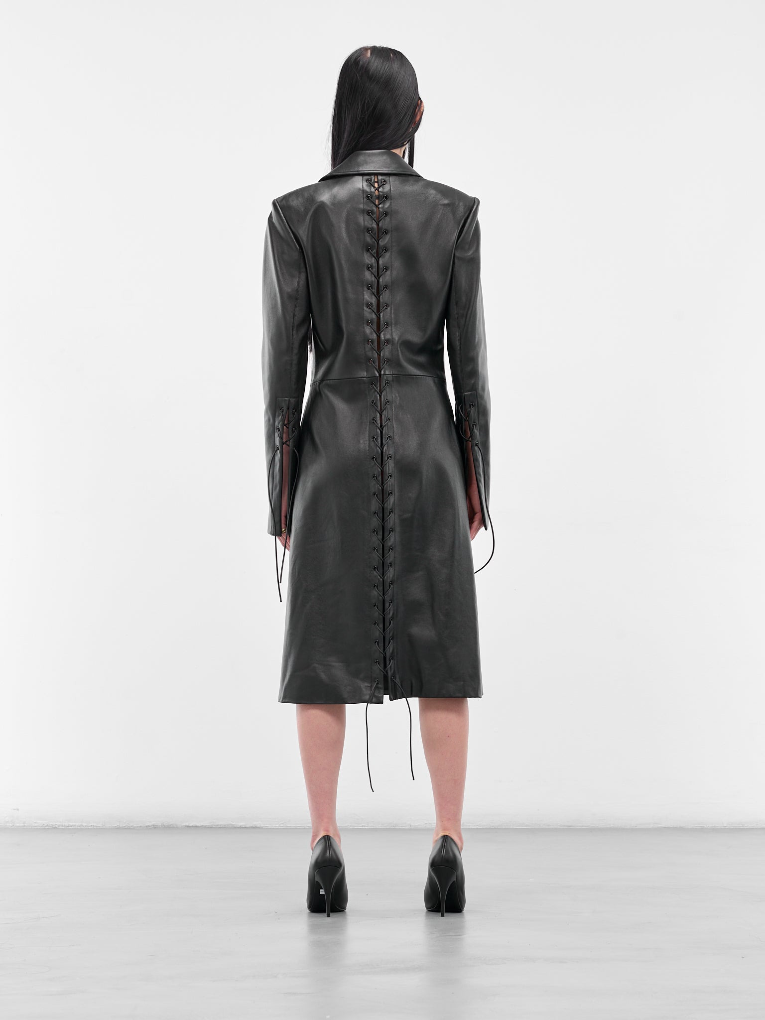 Black Leather Lace-Up Coat - 3