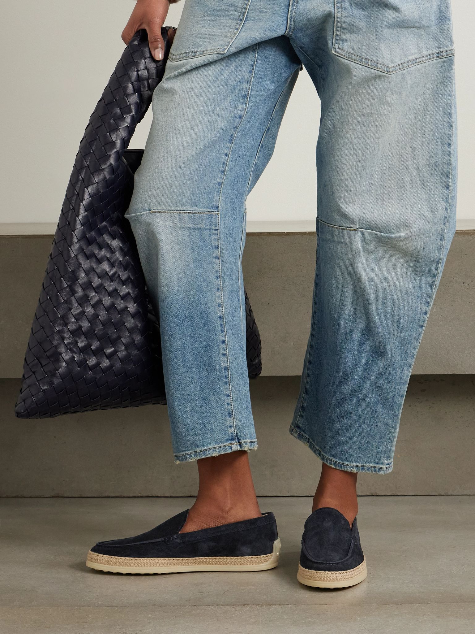 Raffia-trimmed suede loafers Navy - 2
