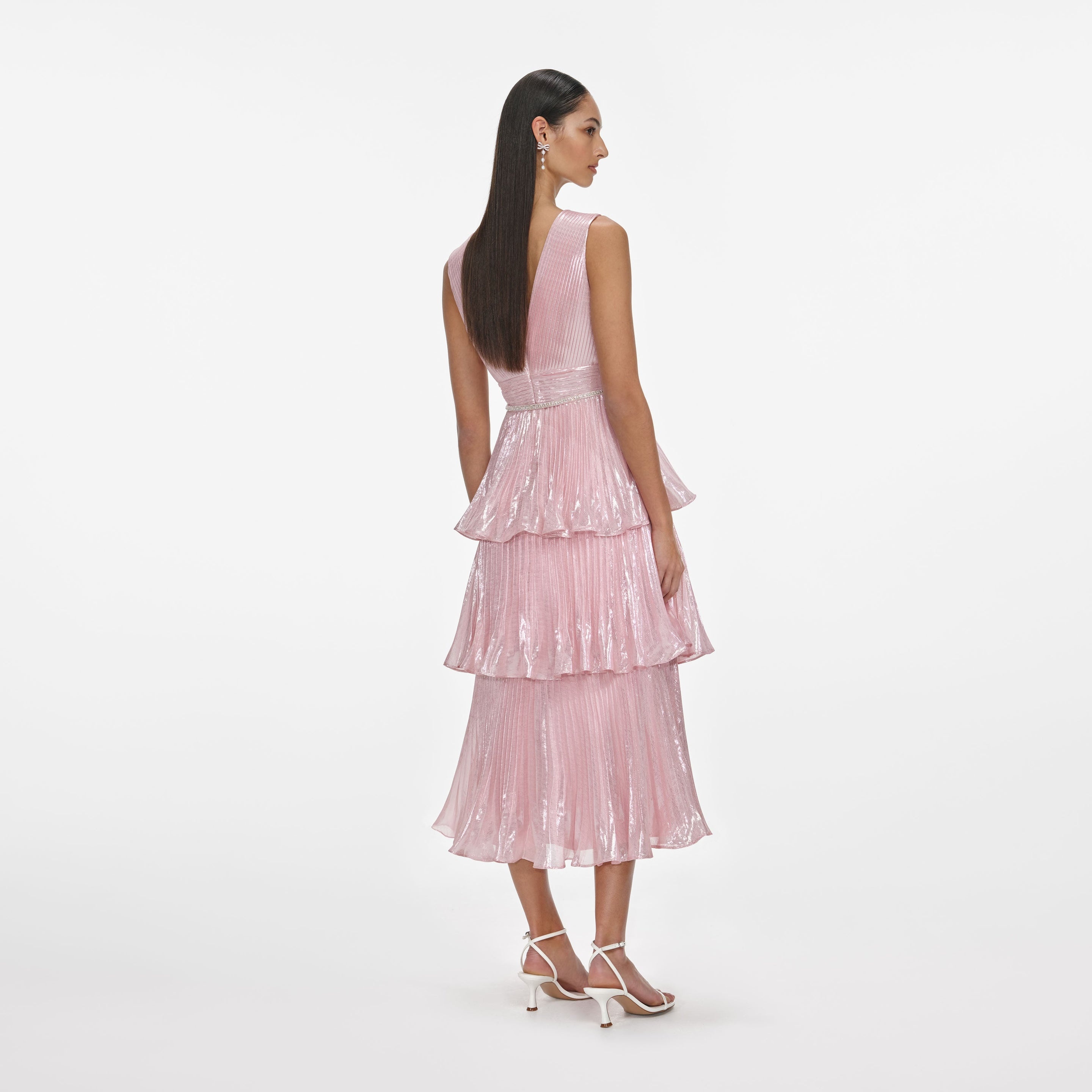 Pink Metallic Tiered Midi Dress - 3