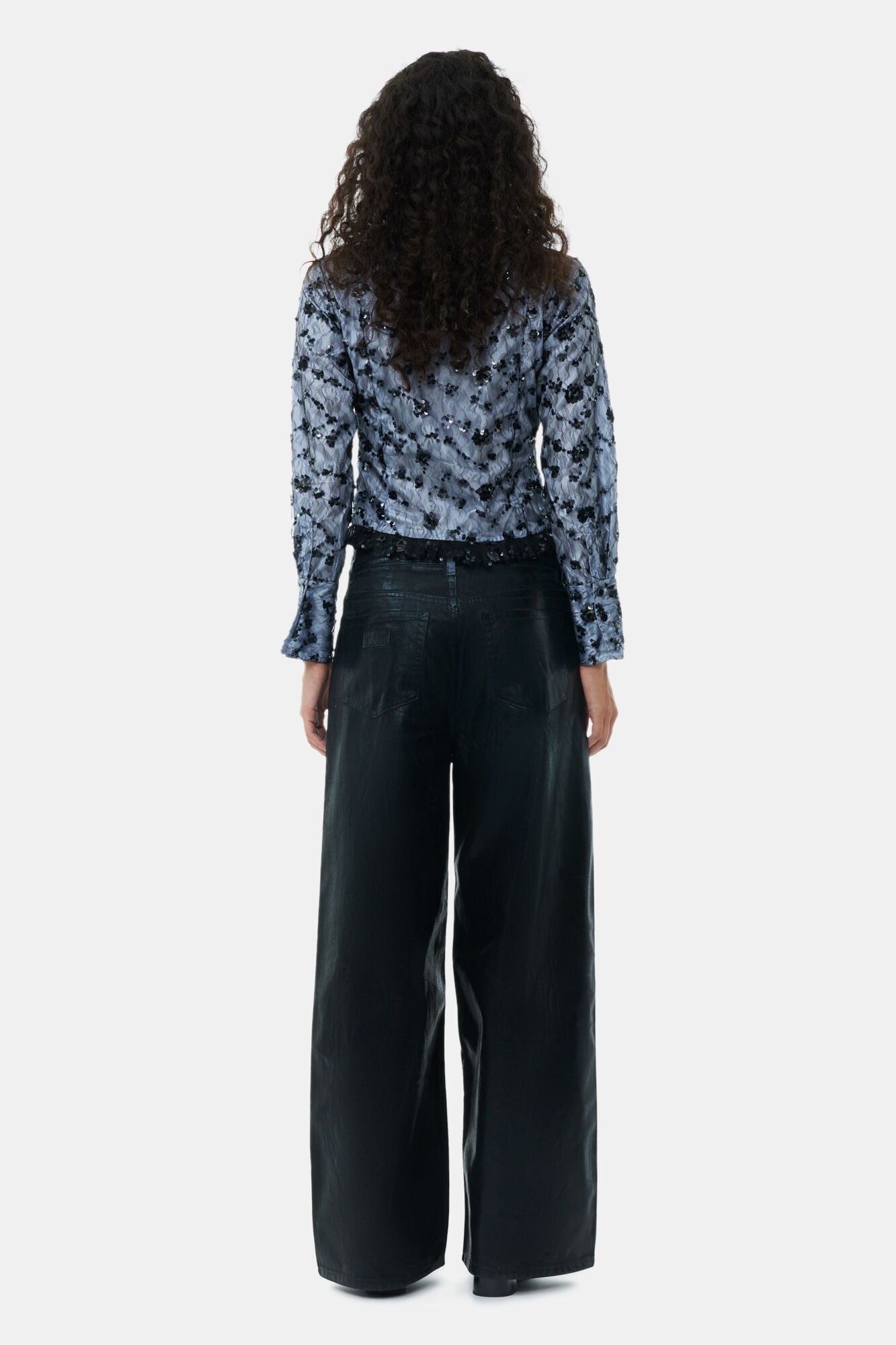 BLACK FOIL DENIM WIDE JEANS - 5