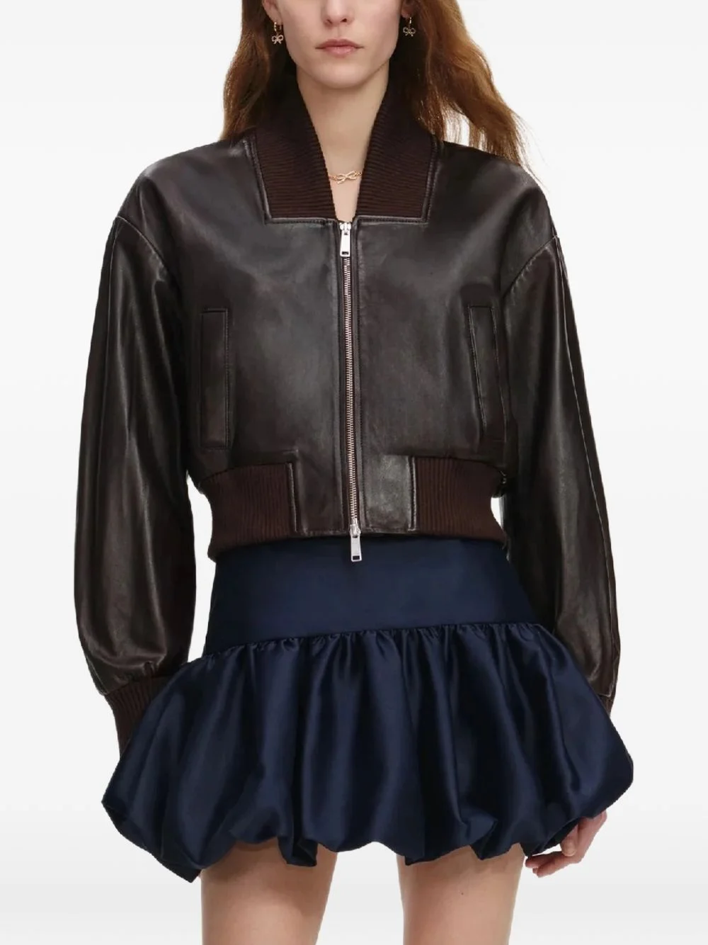 ribbed leather bomber jacket - 1