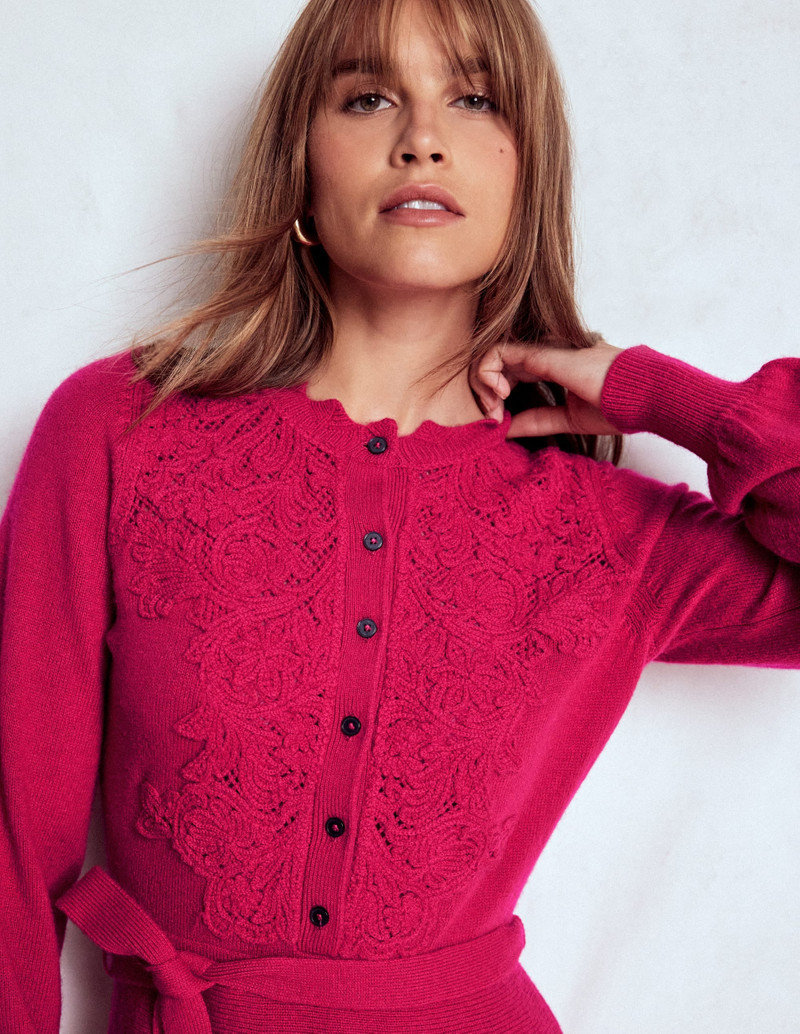 Lace Insert Knitted Midi Dress-Vibrant Pink 4