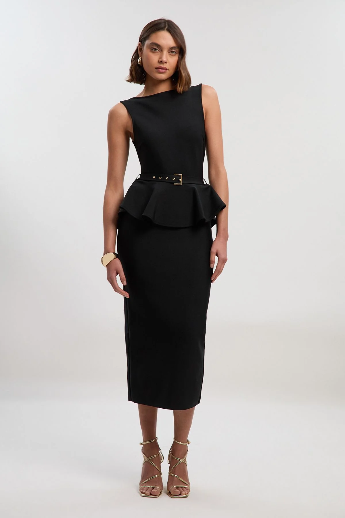 Figure Form Bandage Peplum Belted Pencil Knit Midi Dress - 1