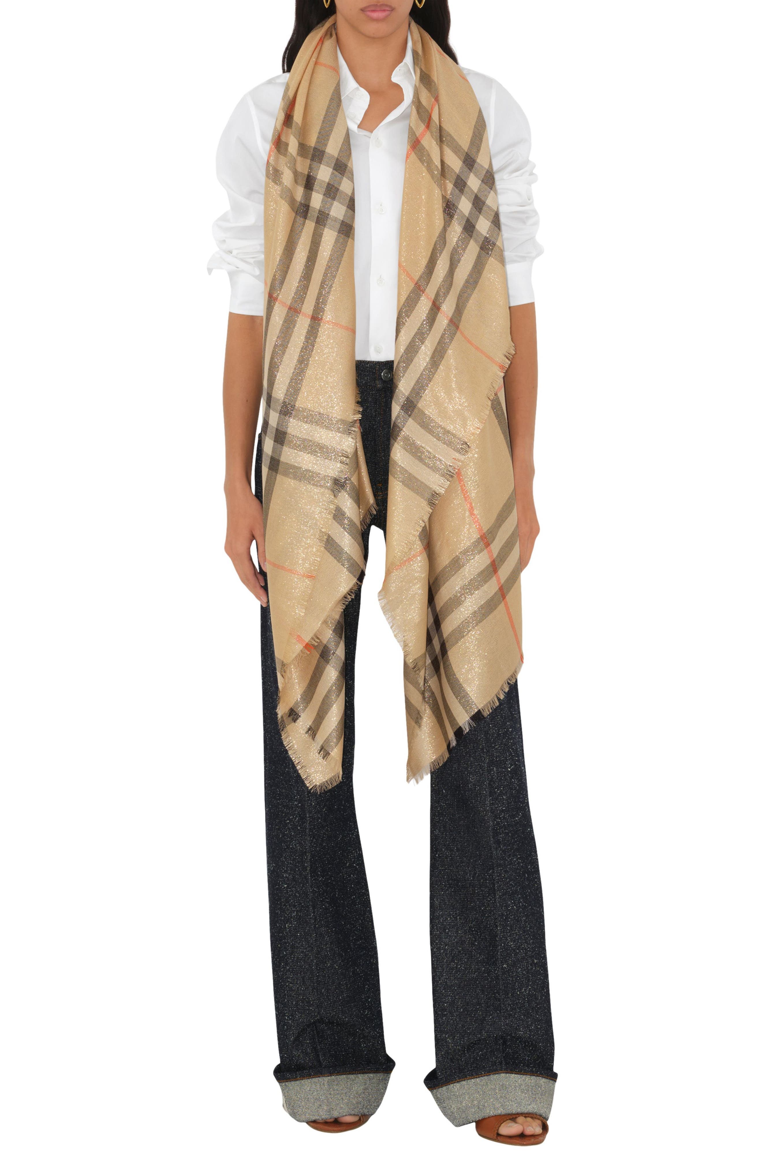 burberry Check Shimmer Wool Scarf in Sand at Nordstrom - 3