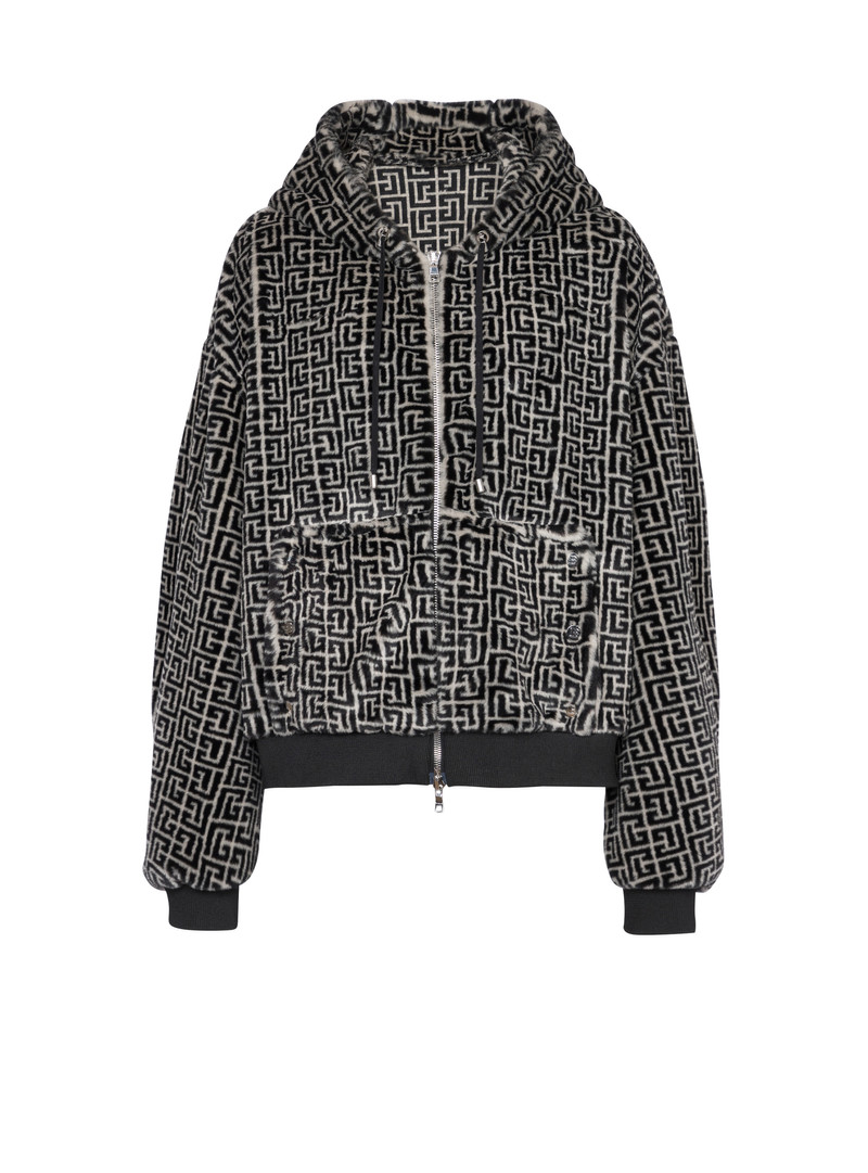 Hooded faux fur sweatshirt with Balmain monogram 1