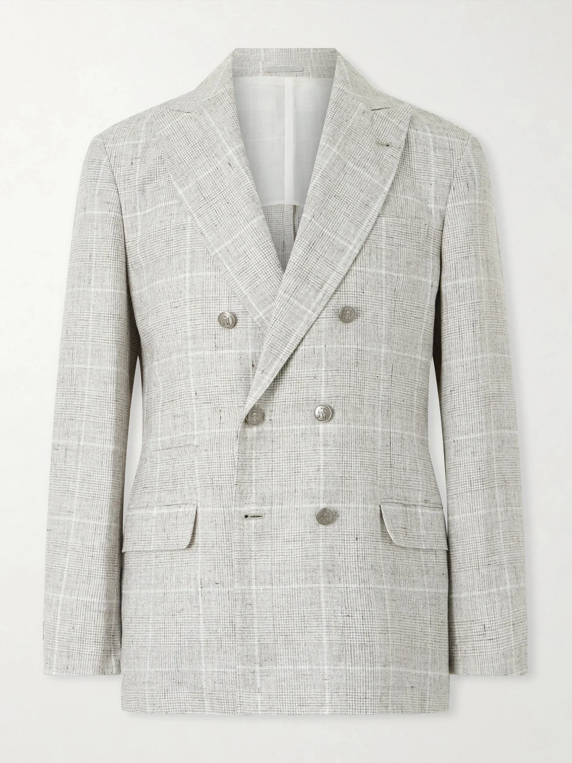 Double-Breasted Checked Linen-Blend Suit Jacket - 1