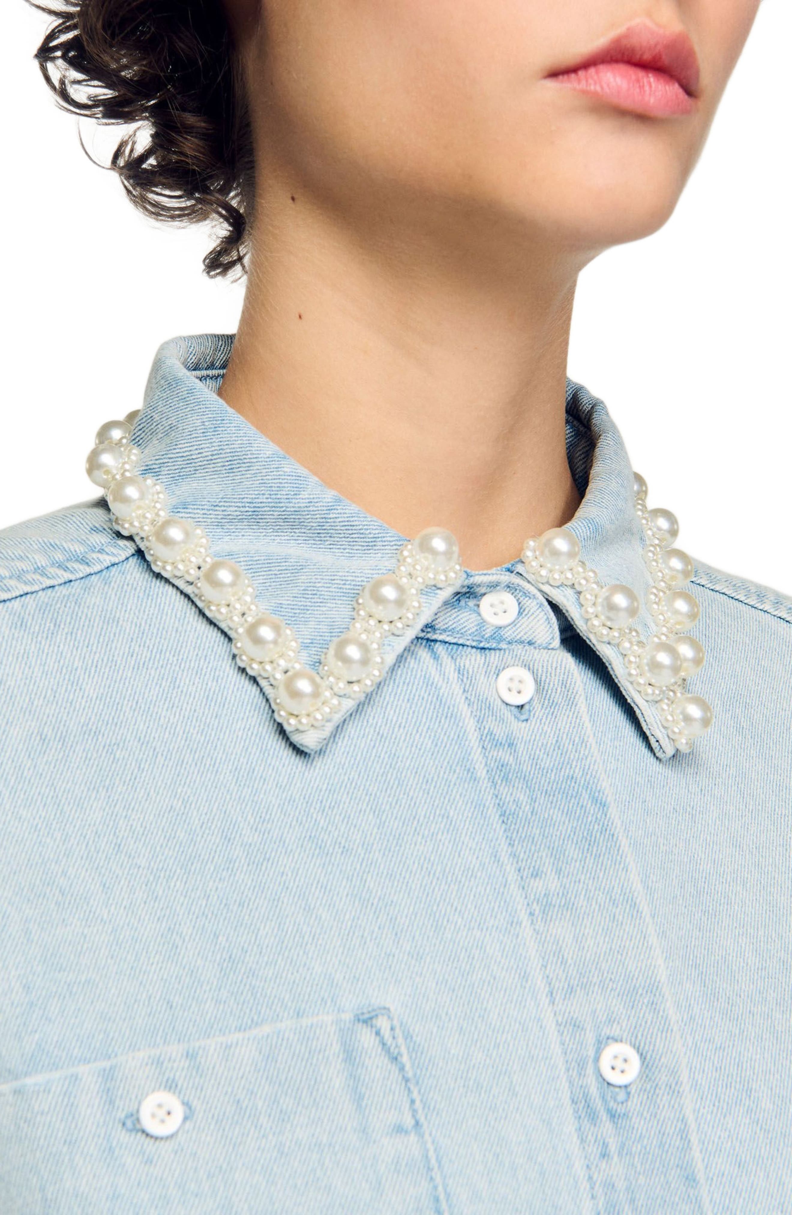 SANDRO Denim shirt with beaded collar in Light Bu Jean at Nordstrom - 4