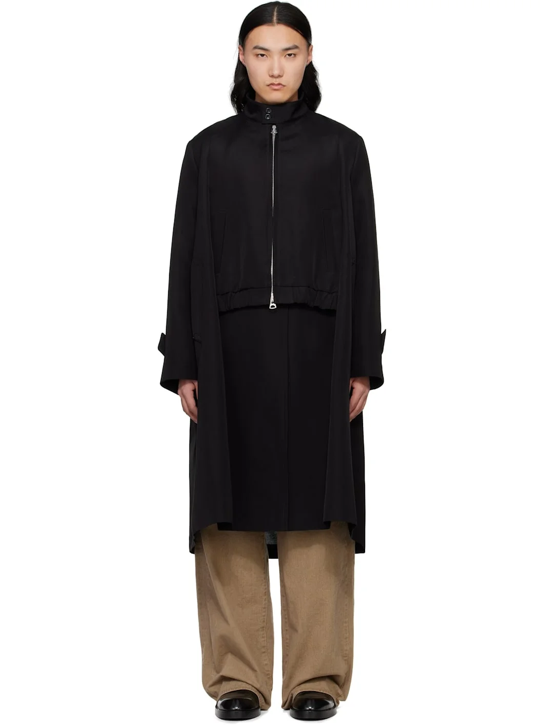 Black Double-Faced Silk Cotton Coat - 1