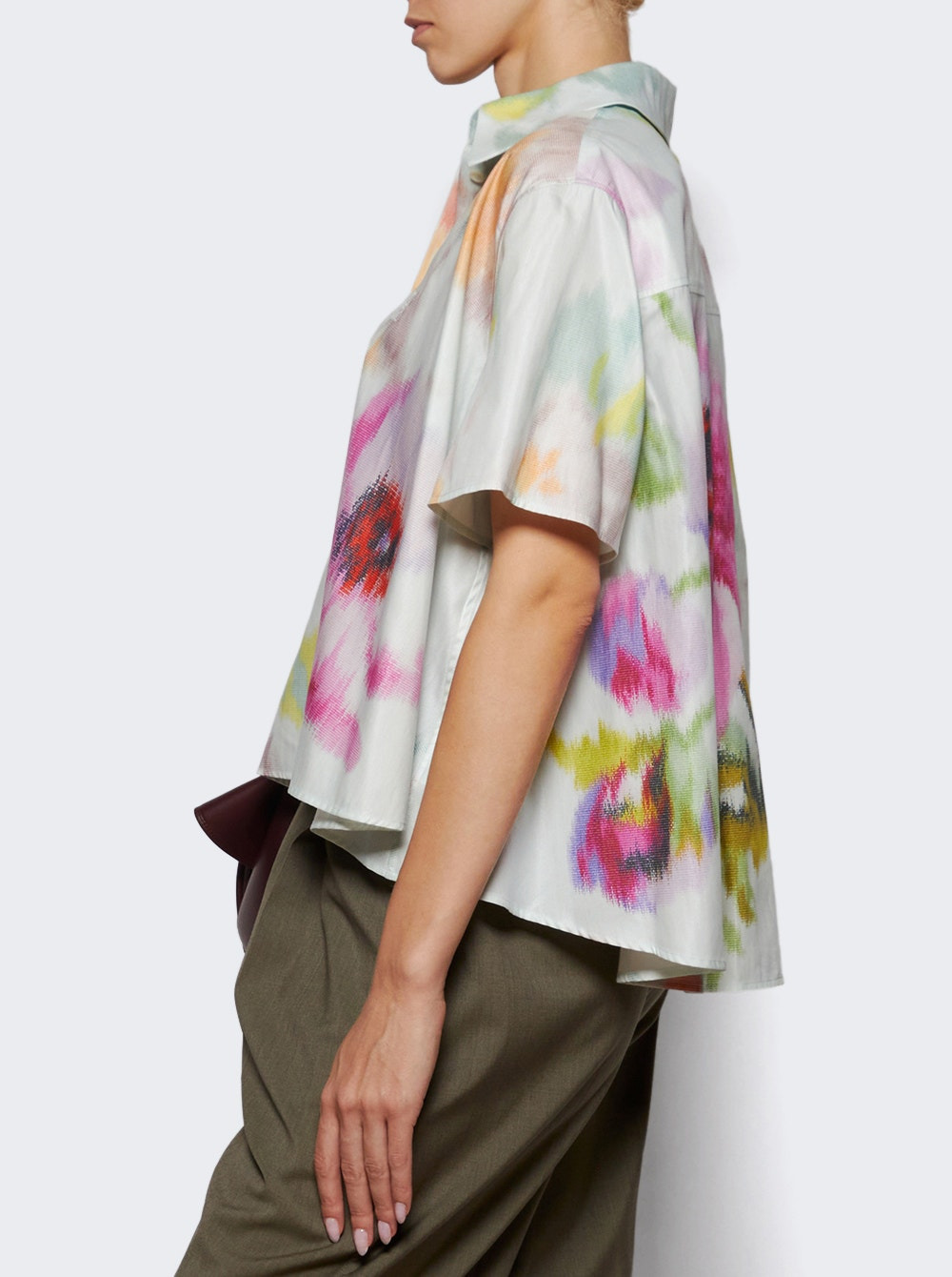 Cotton And Silk Trapeze Shirt Light Blue Floral Print - 3