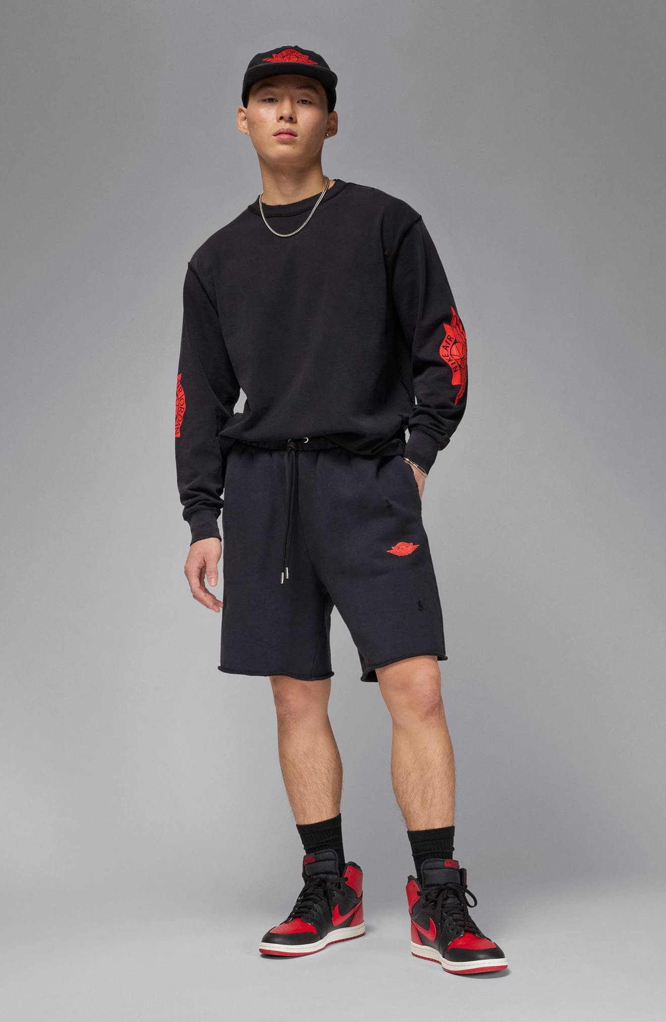 Jordan Rare Air French Terry Graphic Sweat Shorts in Black/Chile Red at Nordstrom - 4