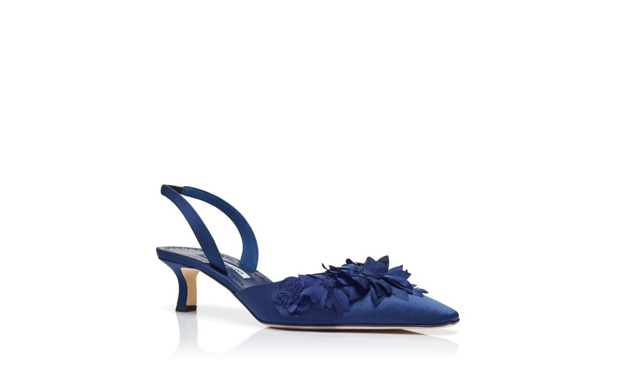 Navy Blue Crepe Satin Slingback Pumps - 3