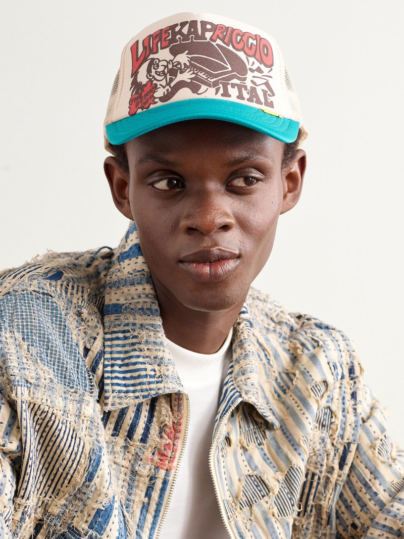 Kapital Life Kapriccio Mesh-Trimmed Printed Scuba Trucker Cap Blue outlook