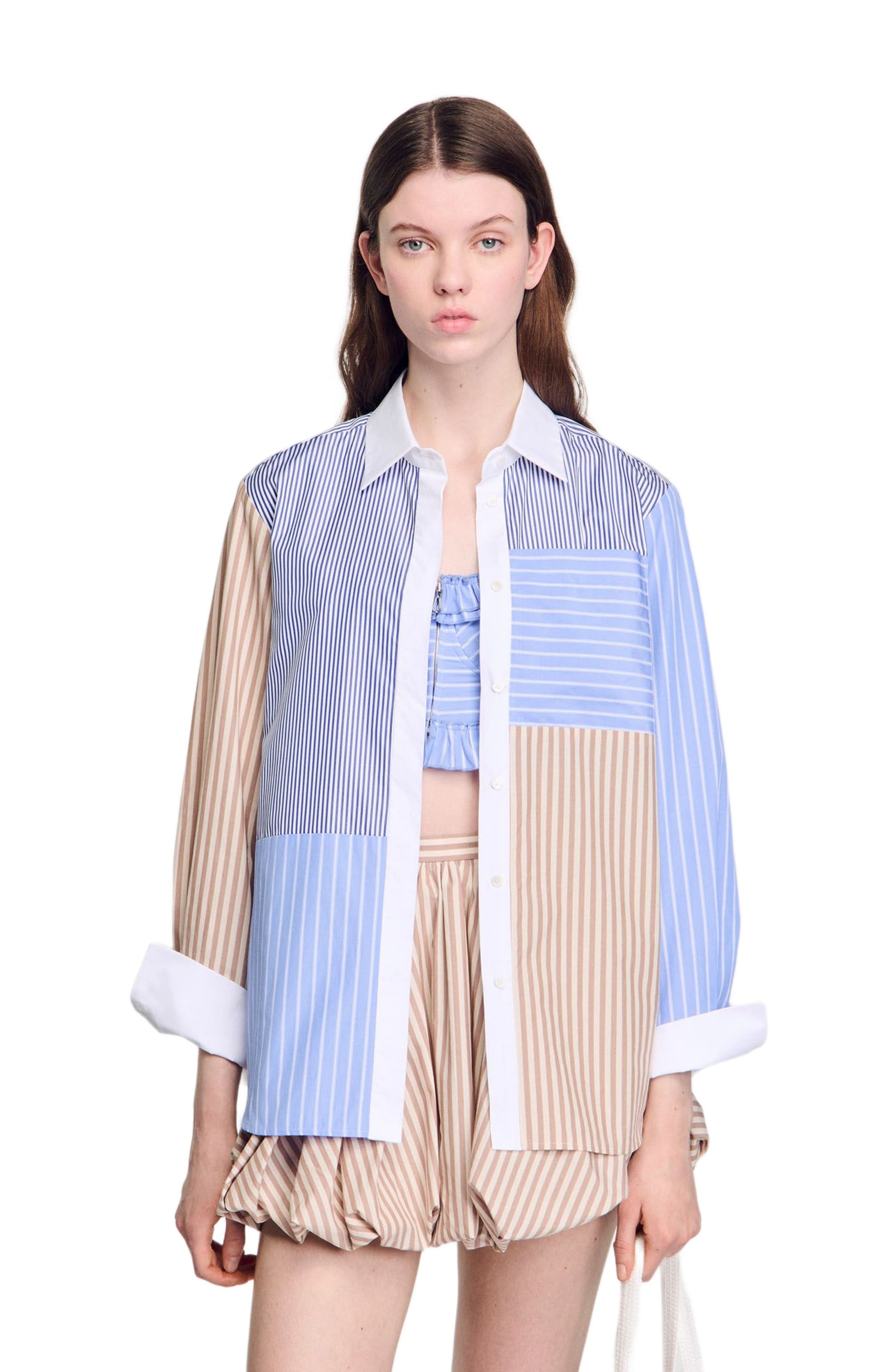 SANDRO Striped mix shirt in Sand /Camel at Nordstrom - 1