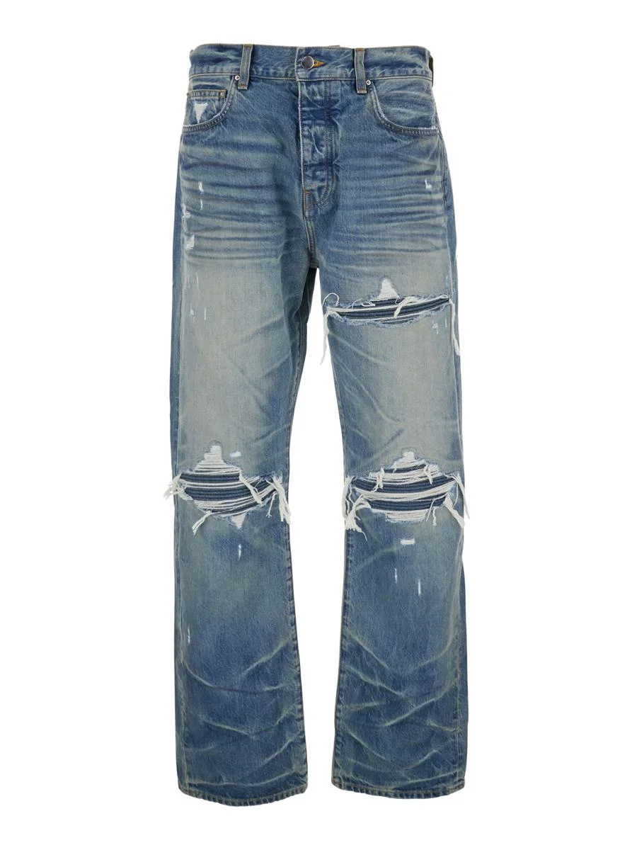 Amiri Blue Jeans With Ripped Details On The Front And Logo Patch On The Rear In Denim Man - 1