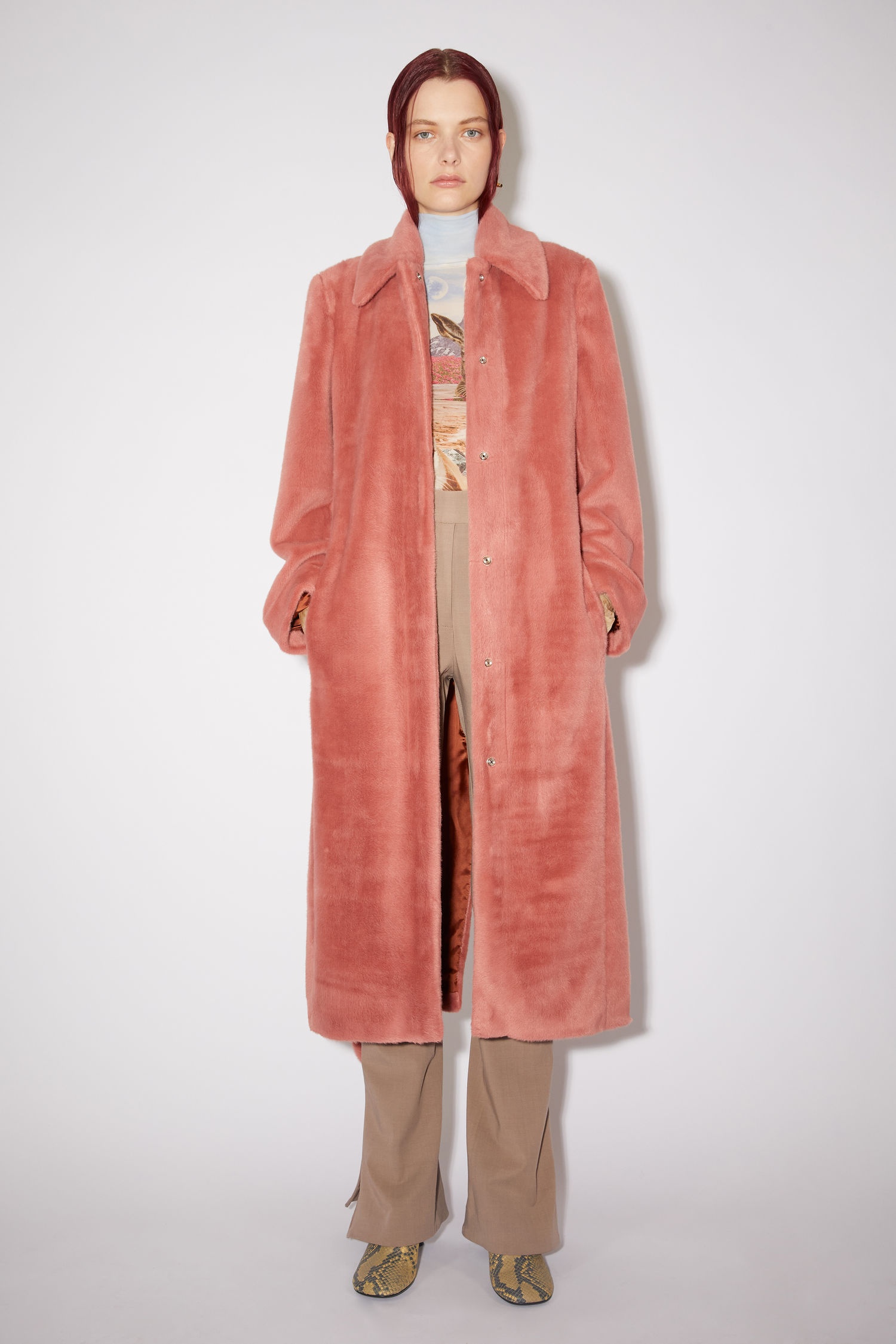 Belted faux fur coat - Raspberry pink - 4